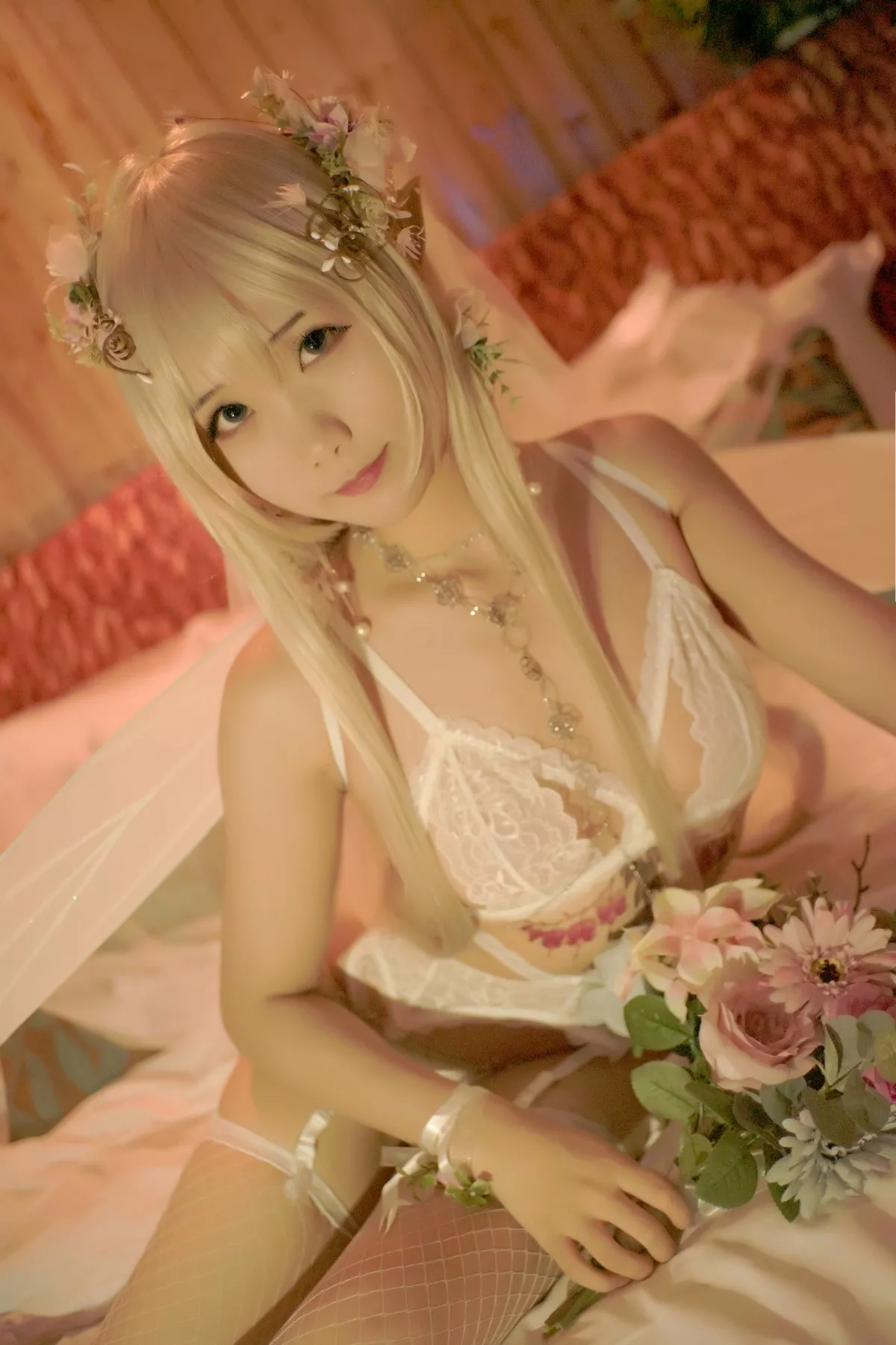 网红美女晓美妈森之妖精主题私房白色蕾丝内衣配吊带蕾丝网袜极致魅惑写真54P