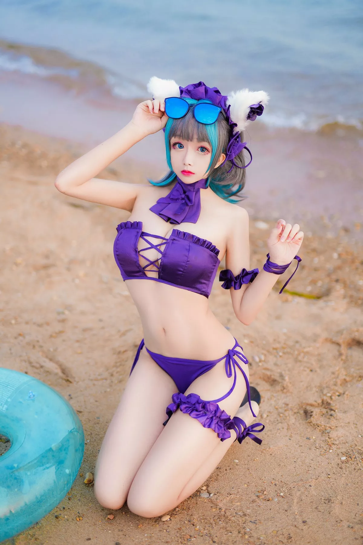 Cosplay日奈娇柴郡猫泳装主题沙滩性感比基尼秀完美身材白嫩美腿迷人写真41P