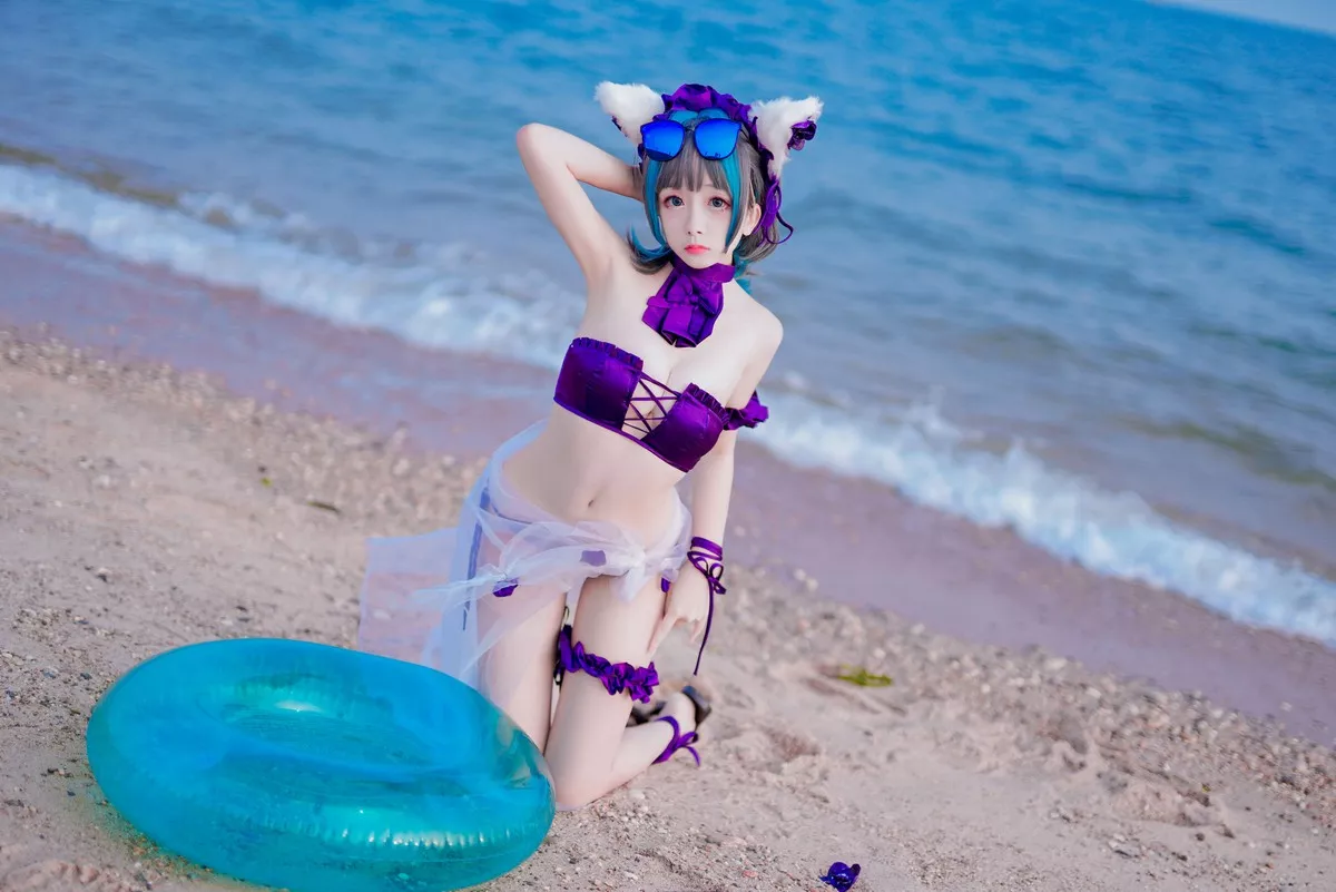 Cosplay日奈娇柴郡猫泳装主题沙滩性感比基尼秀完美身材白嫩美腿迷人写真41P