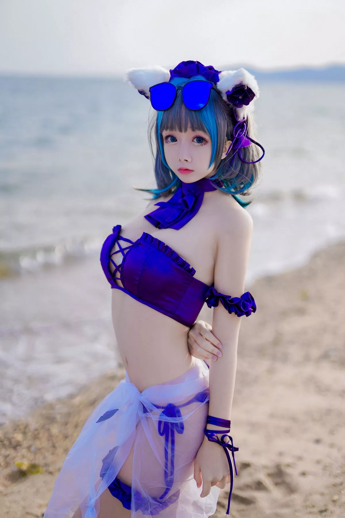 Cosplay日奈娇柴郡猫泳装主题沙滩性感比基尼秀完美身材白嫩美腿迷人写真41P