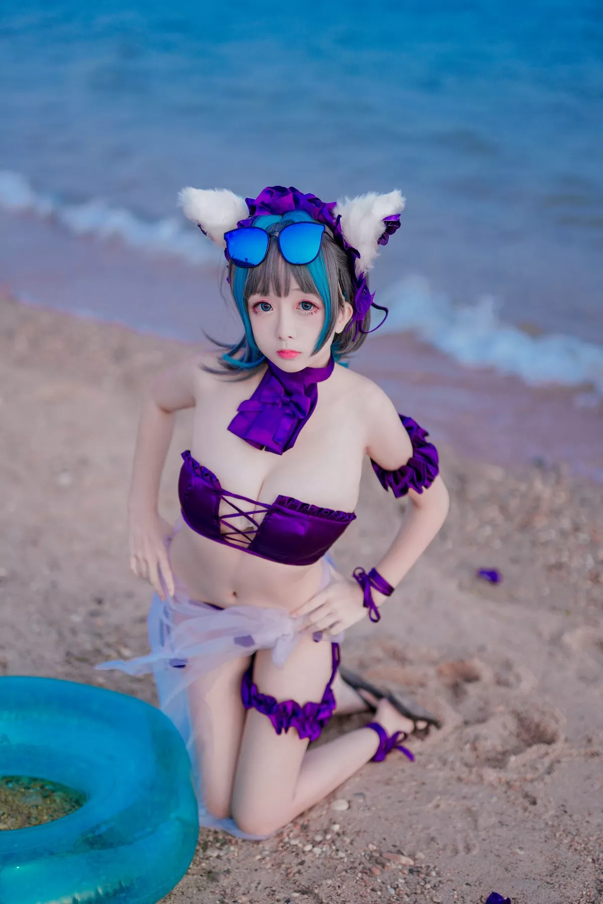 Cosplay日奈娇柴郡猫泳装主题沙滩性感比基尼秀完美身材白嫩美腿迷人写真41P