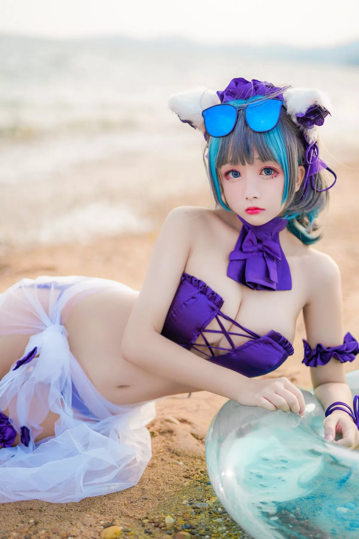 Cosplay日奈娇柴郡猫泳装主题沙滩性感比基尼秀完美身材白嫩美腿迷人写真41P