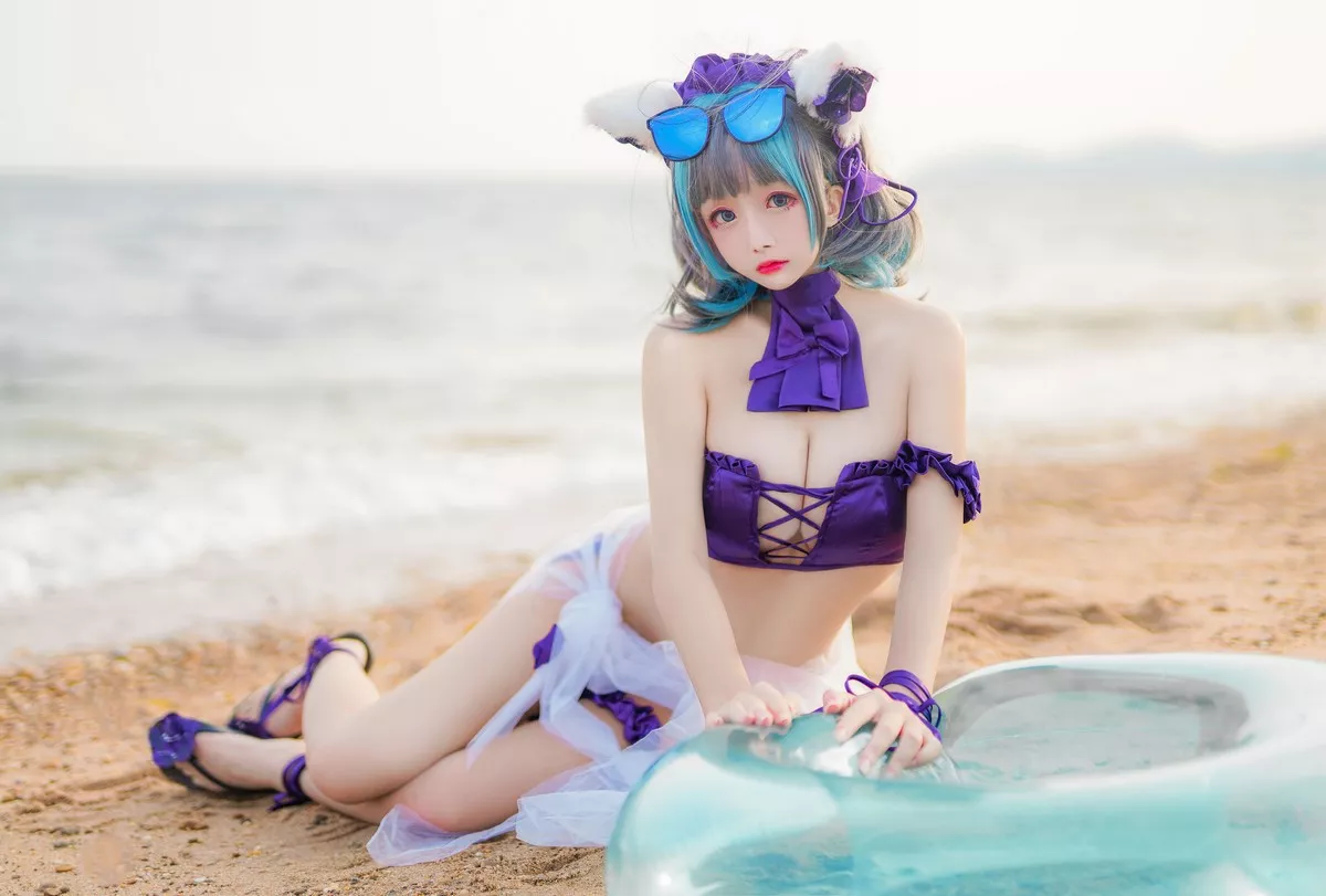 Cosplay日奈娇柴郡猫泳装主题沙滩性感比基尼秀完美身材白嫩美腿迷人写真41P