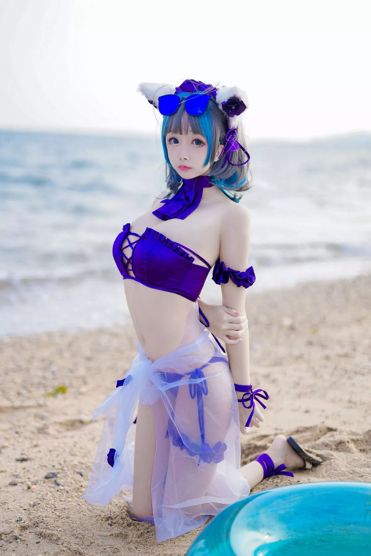 Cosplay日奈娇柴郡猫泳装主题沙滩性感比基尼秀完美身材白嫩美腿迷人写真41P