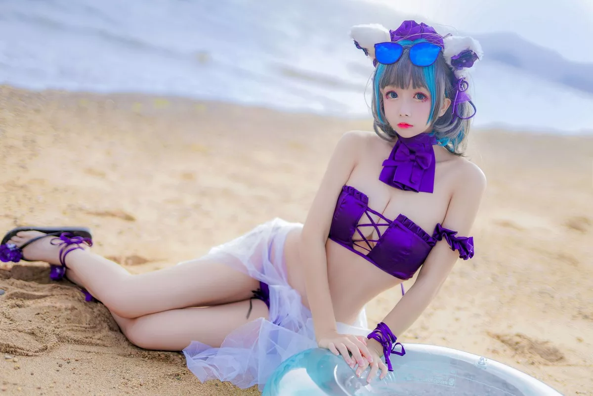 Cosplay日奈娇柴郡猫泳装主题沙滩性感比基尼秀完美身材白嫩美腿迷人写真41P