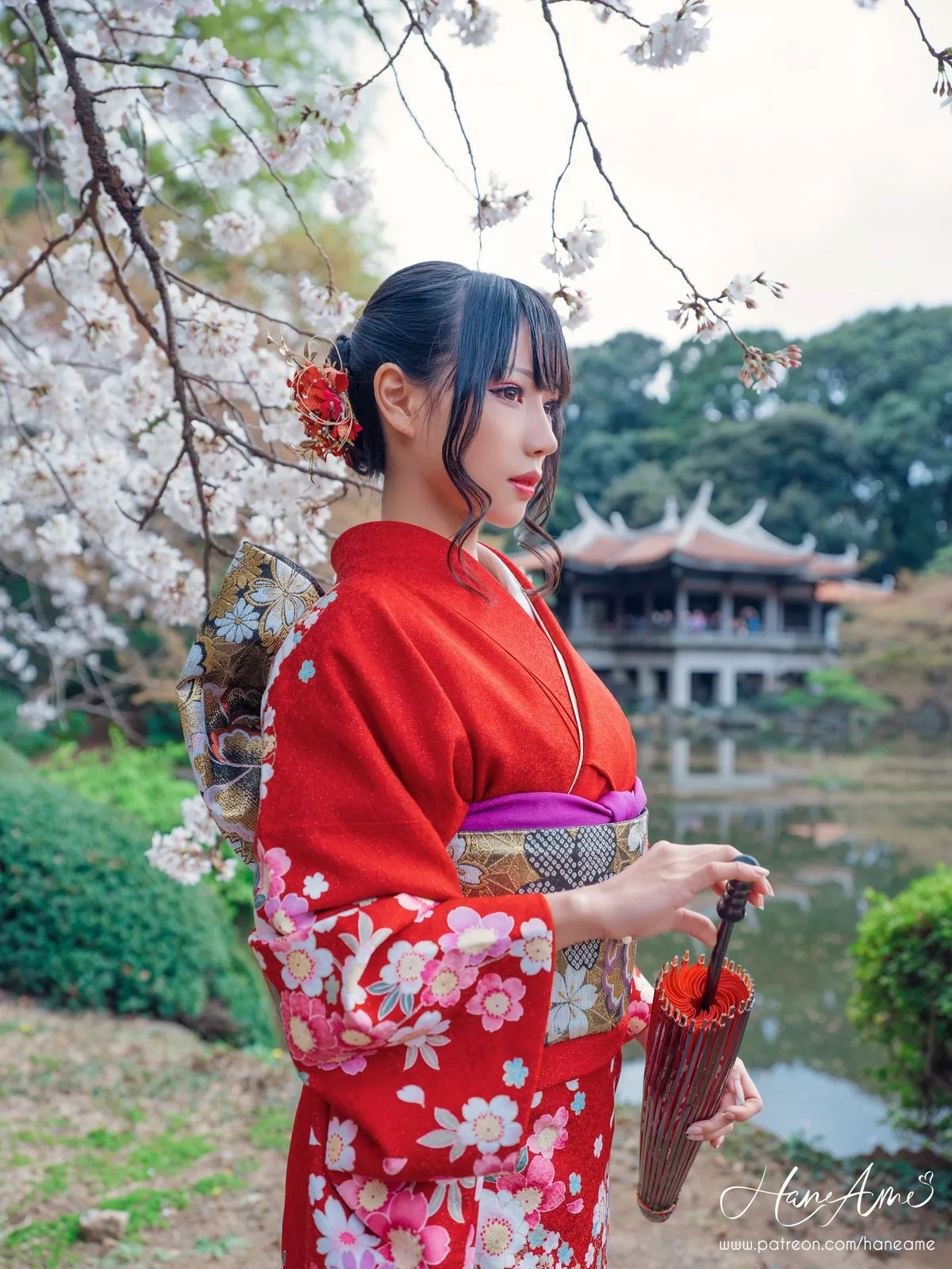 COS福利雨波_HaneAme赤紅和服主题户外樱花树下性感和服迷人写真38P