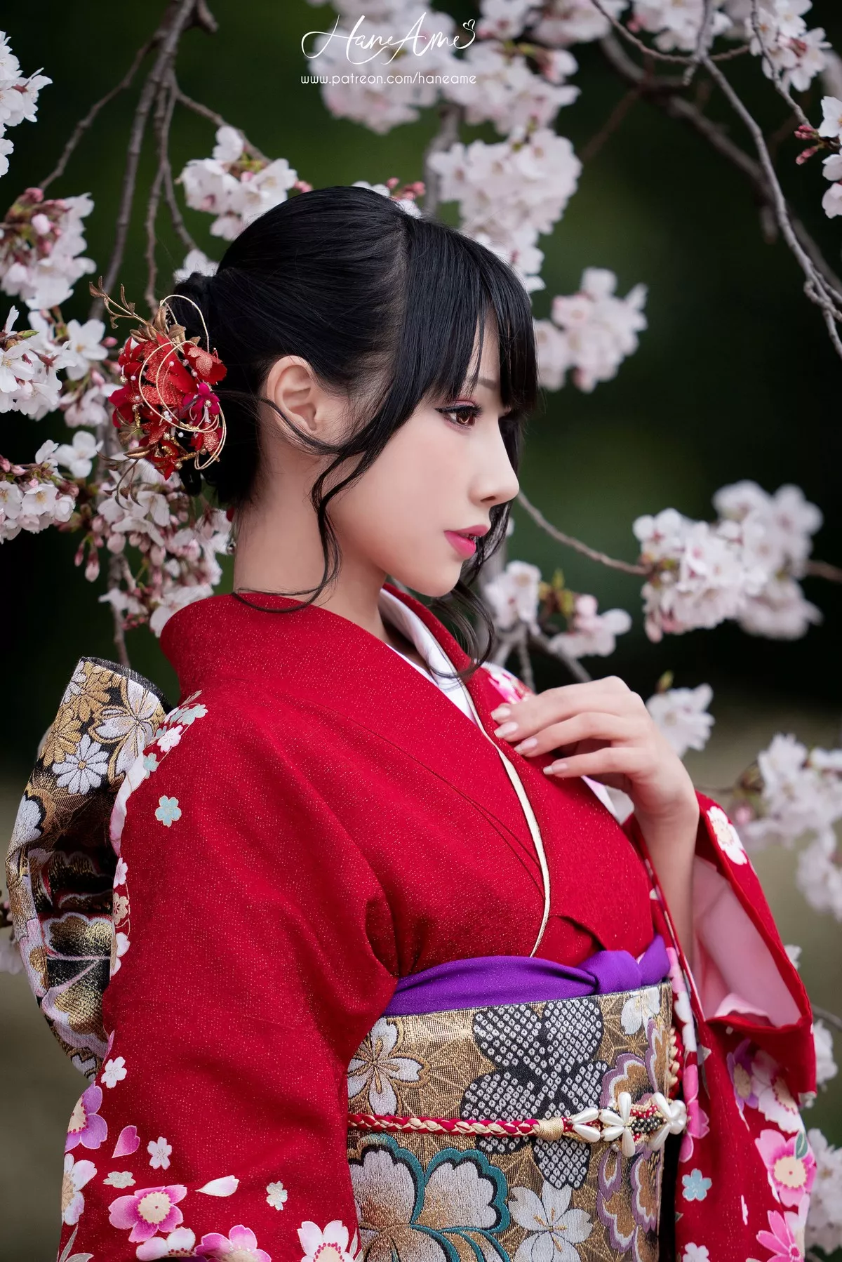 COS福利雨波_HaneAme赤紅和服主题户外樱花树下性感和服迷人写真38P