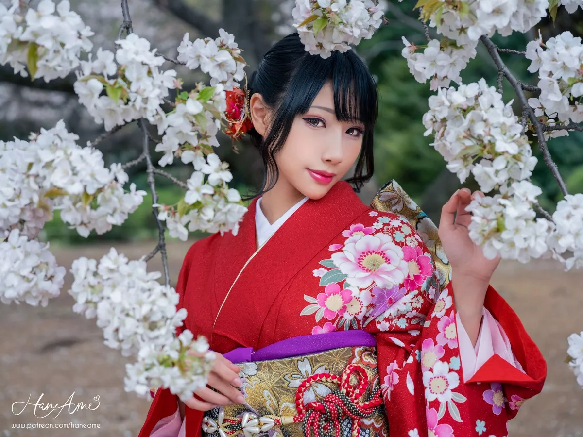 COS福利雨波_HaneAme赤紅和服主题户外樱花树下性感和服迷人写真38P