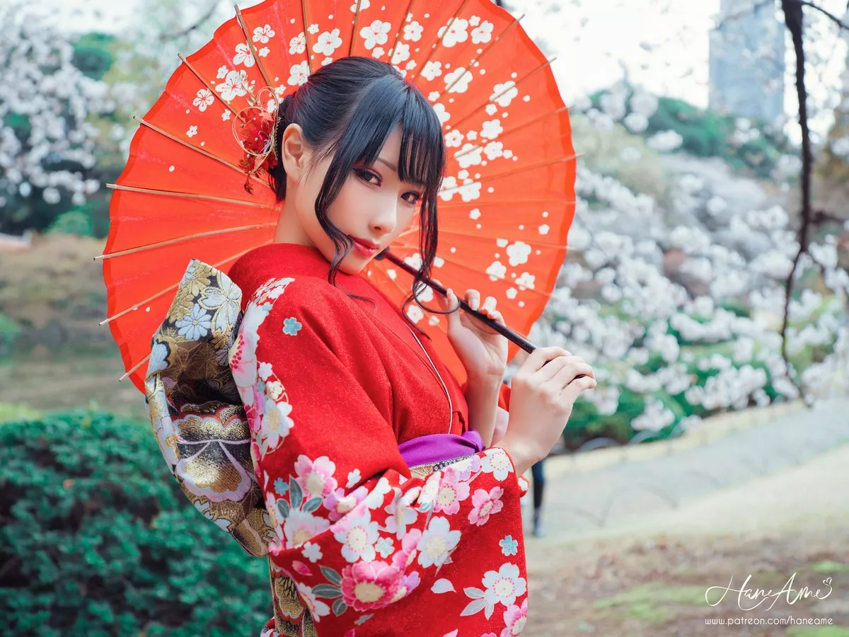COS福利雨波_HaneAme赤紅和服主题户外樱花树下性感和服迷人写真38P
