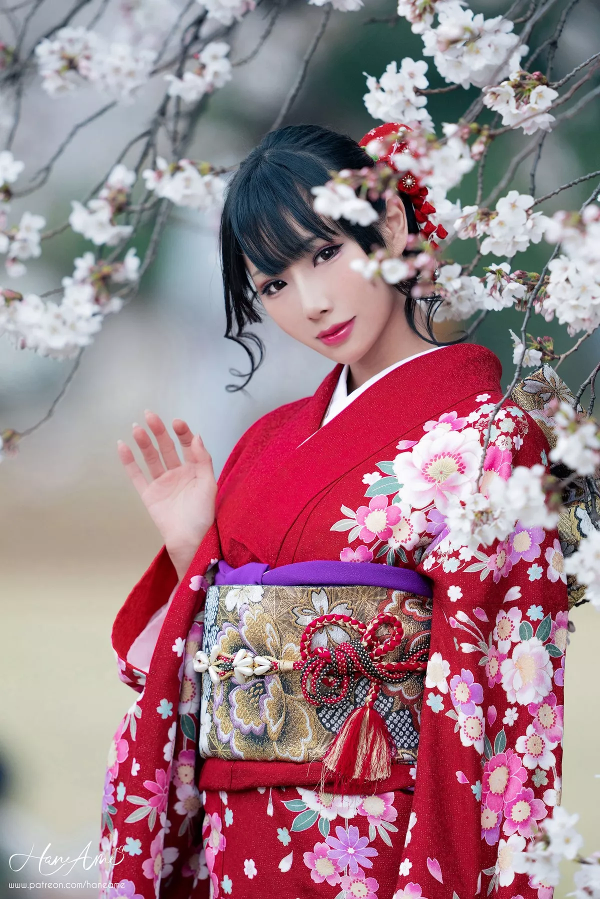 COS福利雨波_HaneAme赤紅和服主题户外樱花树下性感和服迷人写真38P