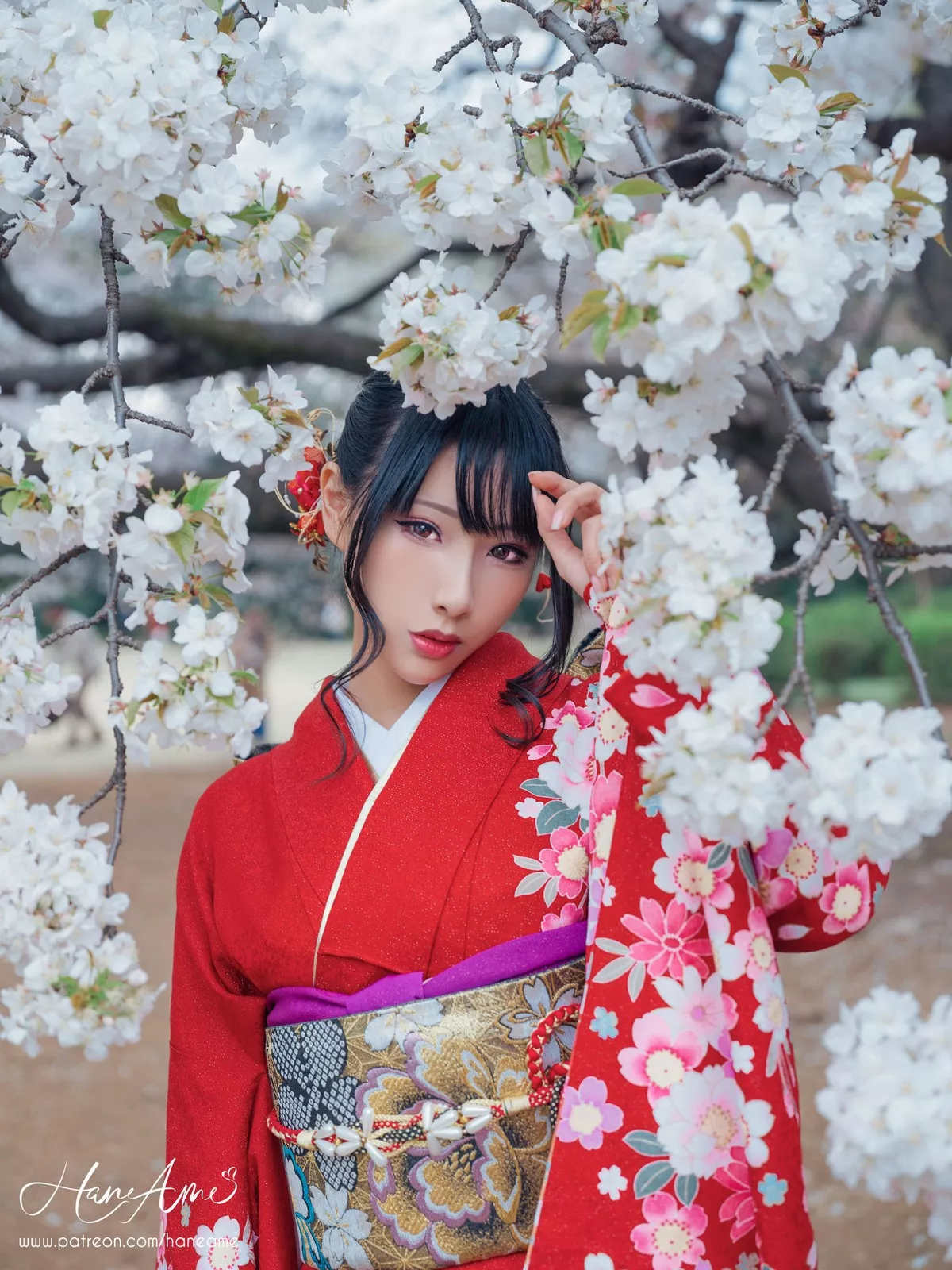 COS福利雨波_HaneAme赤紅和服主题户外樱花树下性感和服迷人写真38P