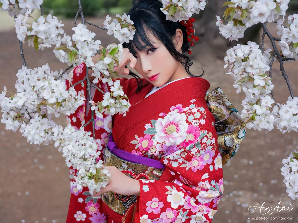 COS福利雨波_HaneAme赤紅和服主题户外樱花树下性感和服迷人写真38P