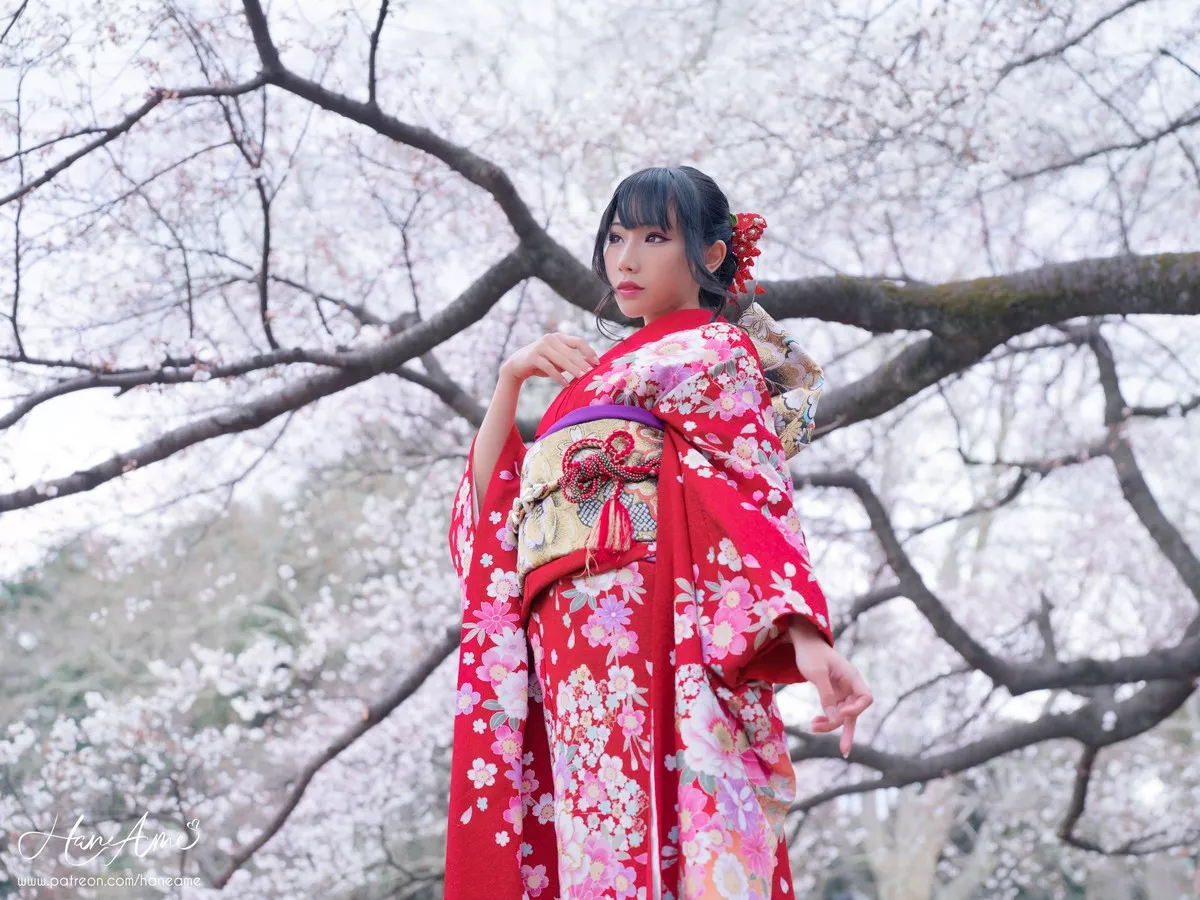 COS福利雨波_HaneAme赤紅和服主题户外樱花树下性感和服迷人写真38P