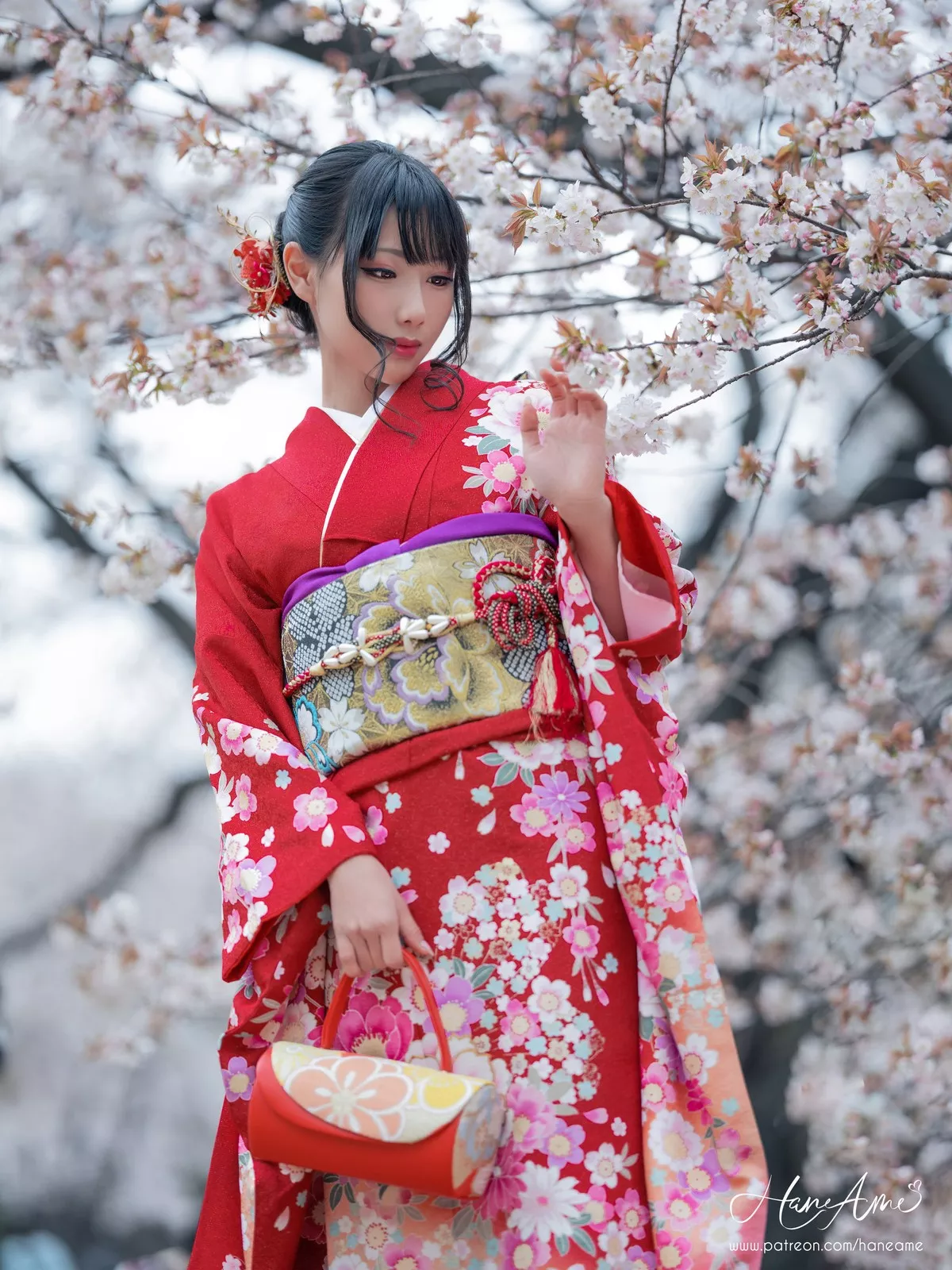 COS福利雨波_HaneAme赤紅和服主题户外樱花树下性感和服迷人写真38P