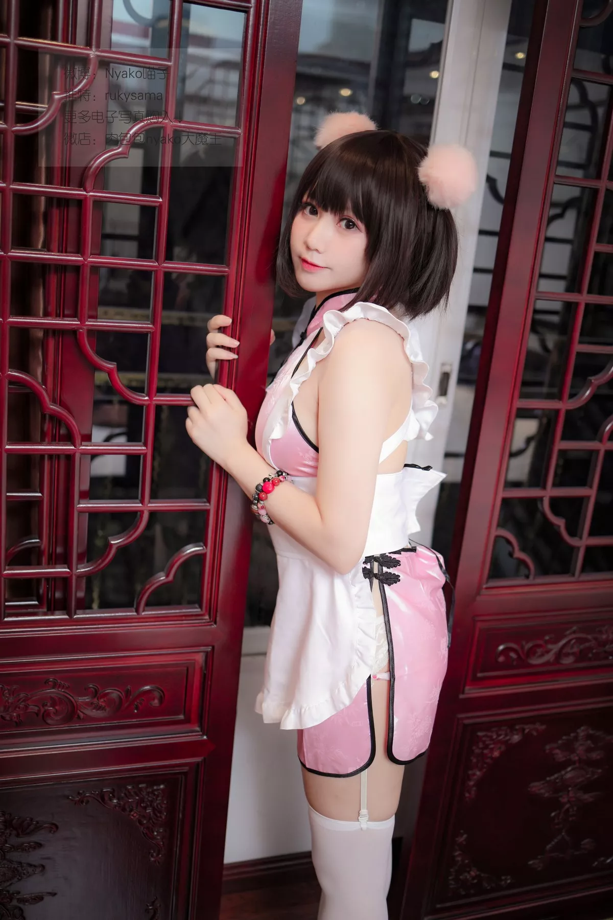 网络美女Nyako喵子日系服饰主题私房粉色情趣旗袍配白丝吊袜极致魅惑写真100P