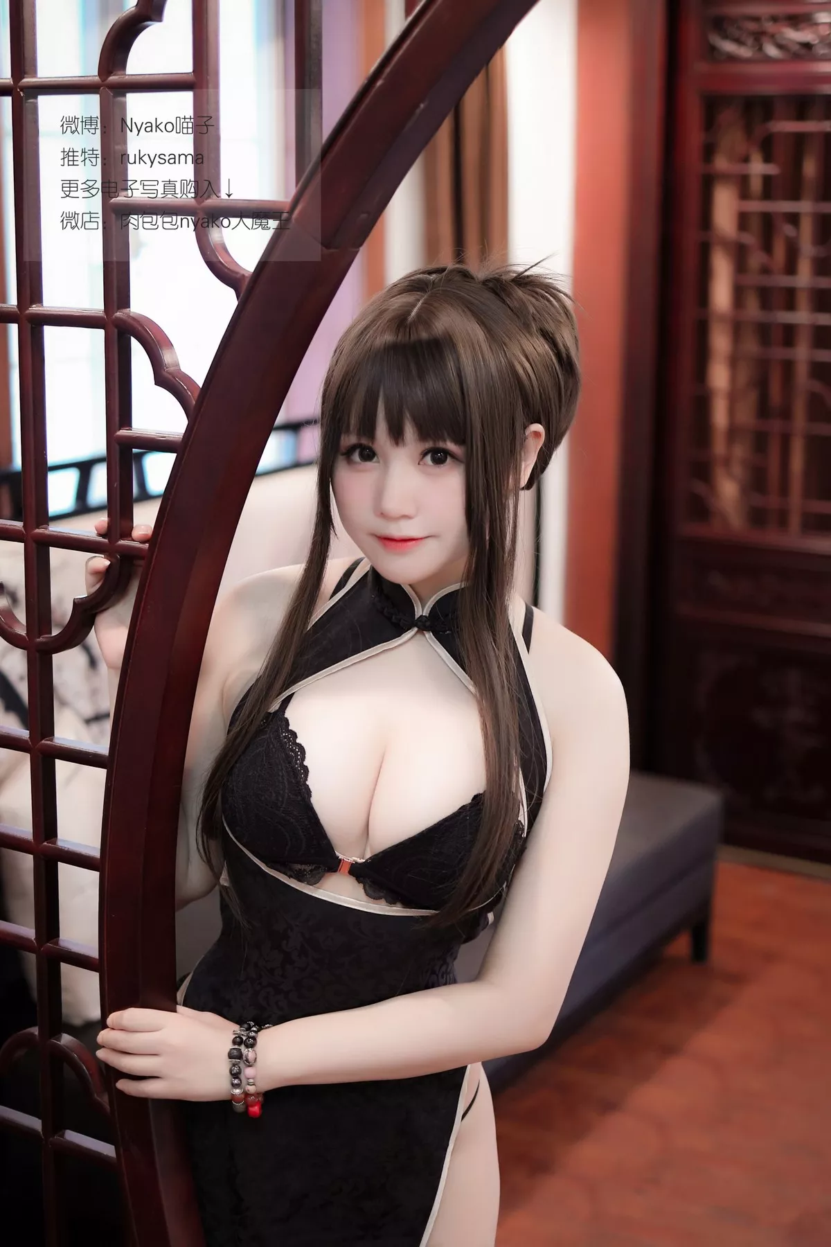 网络美女Nyako喵子情趣旗袍主题私房浴室黑色高叉服饰配黑丝袜湿身诱惑写真104P