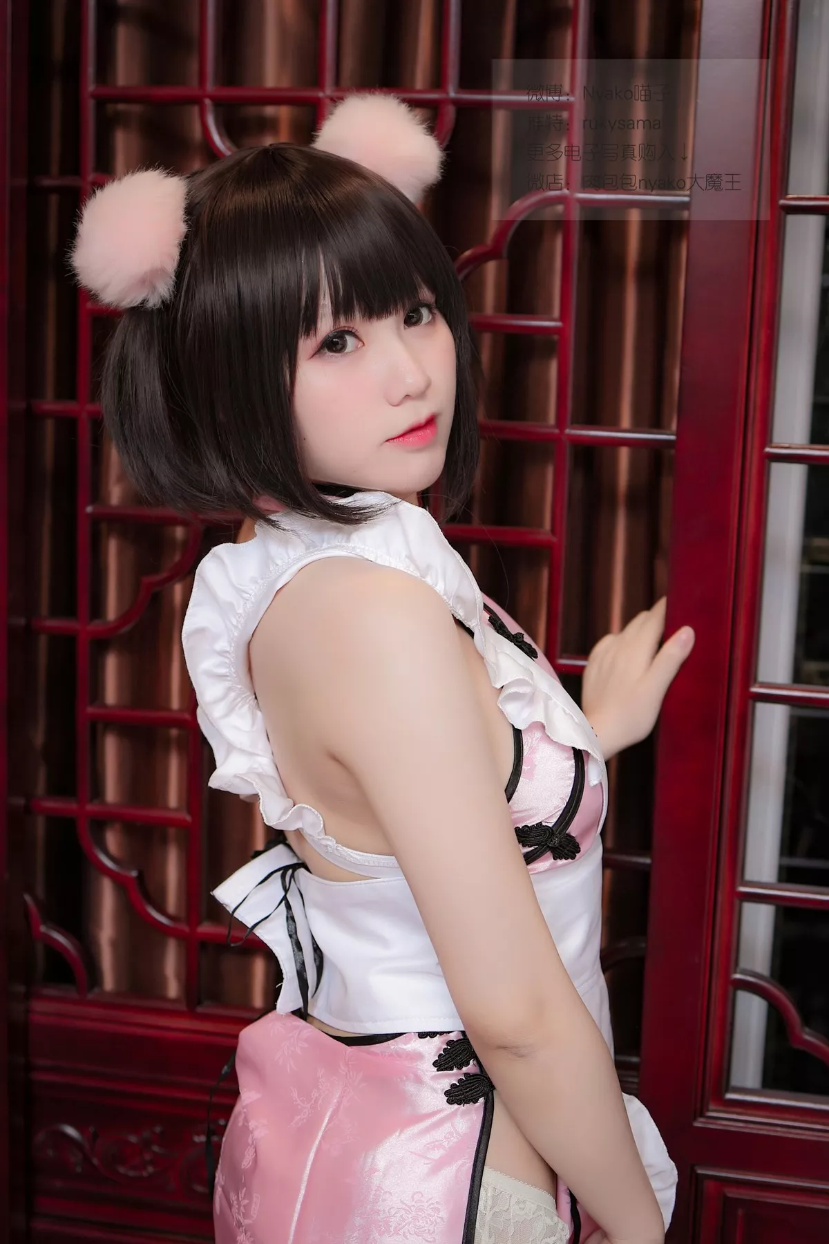 网络美女Nyako喵子日系服饰主题私房粉色情趣旗袍配白丝吊袜极致魅惑写真100P