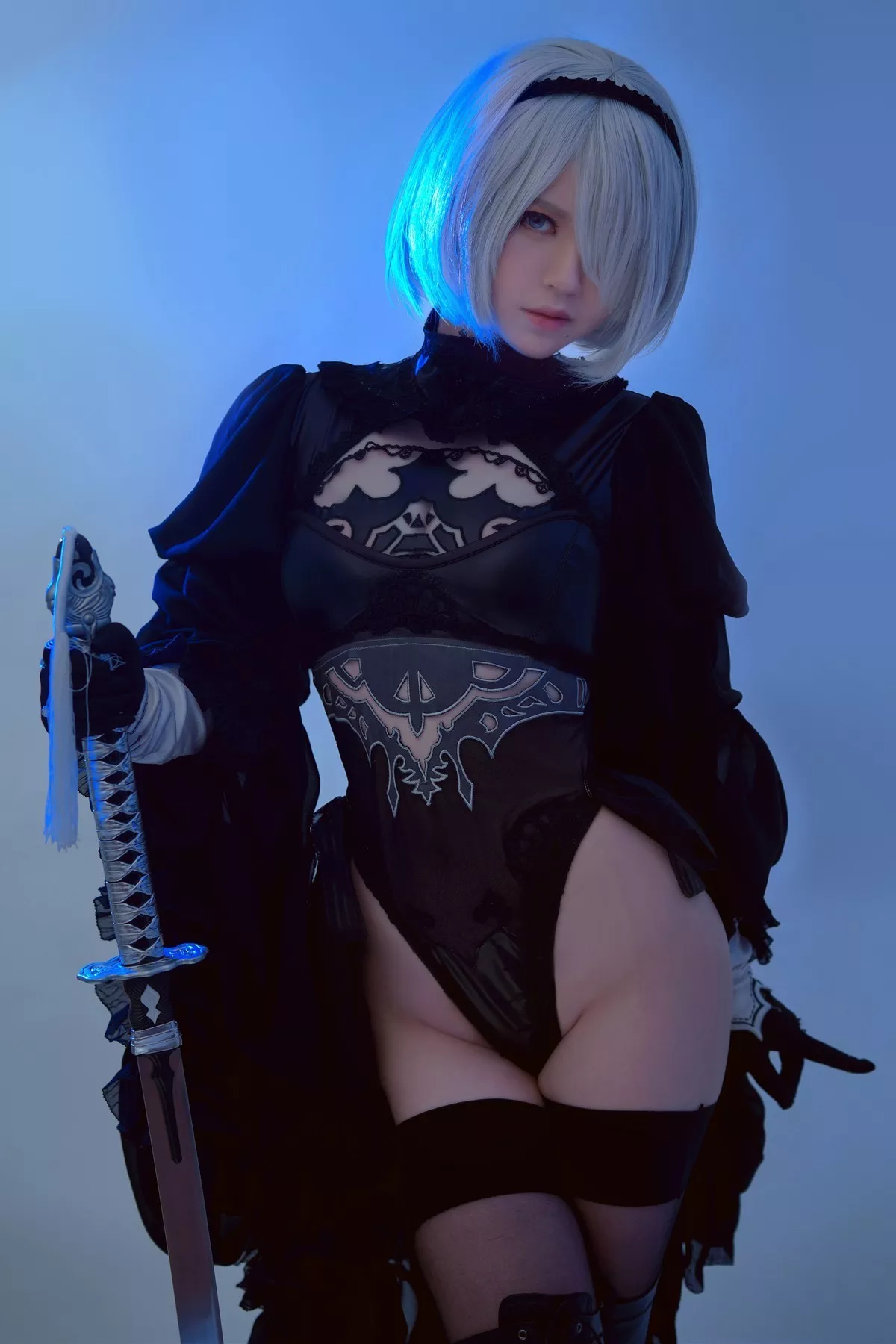 网络美女半半子2B主题性感美女武士系列黑色高叉连体衣秀翘臀美腿诱惑写真50P
