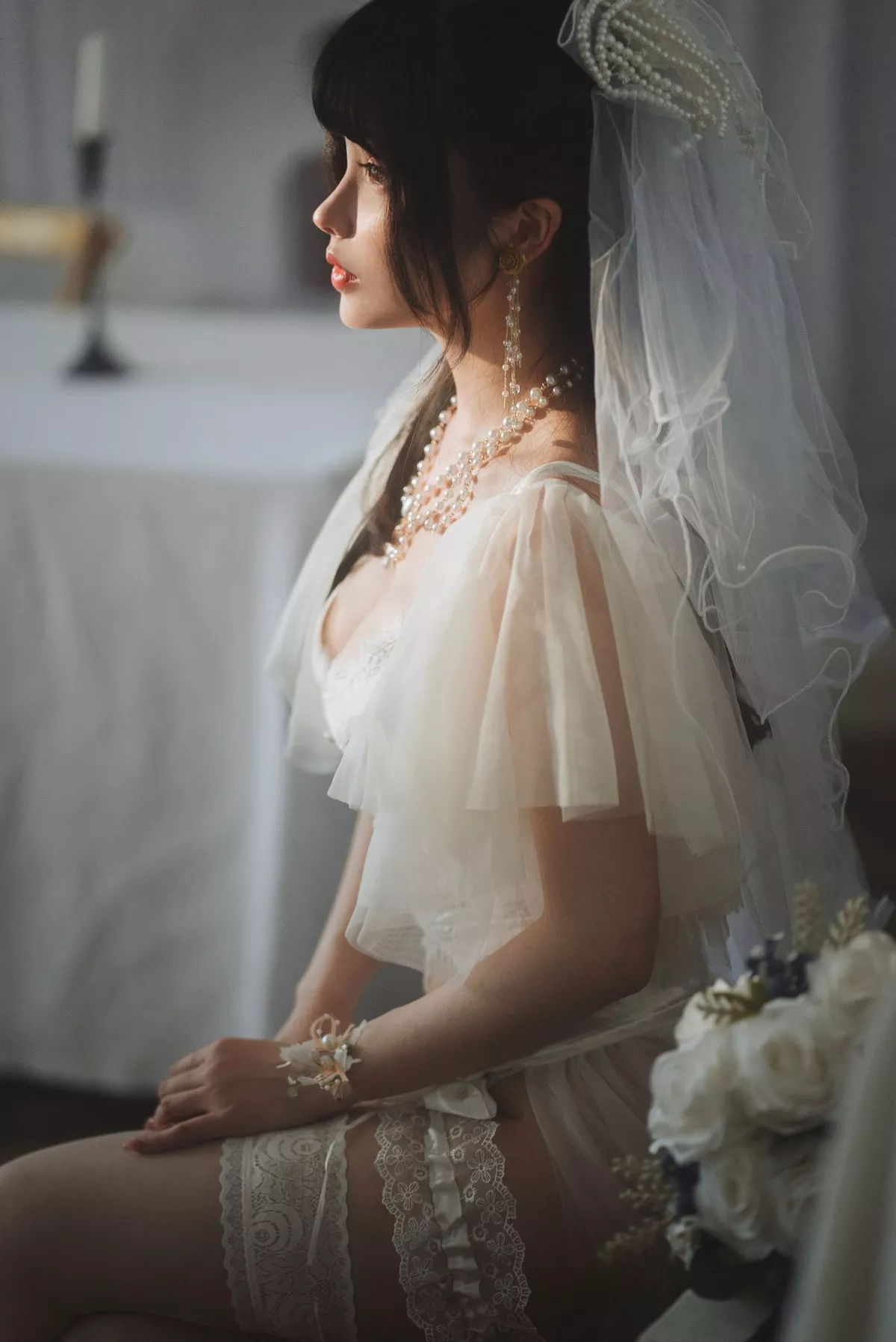 网络美女rioko凉凉子透明婚纱主题私房性感蕾丝内衣配白色蕾丝袜完美诱惑写真37P