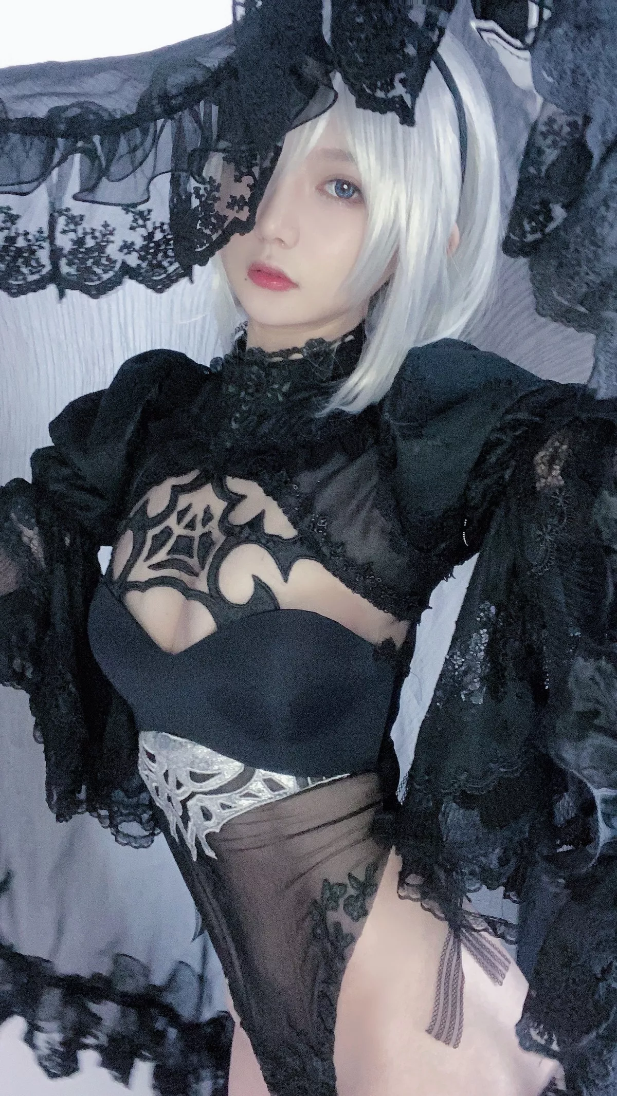 网络美女51酱2B黑婚纱主题性感婚纱配黑色情趣内衣蕾丝袜秀翘臀美腿诱惑写真53P
