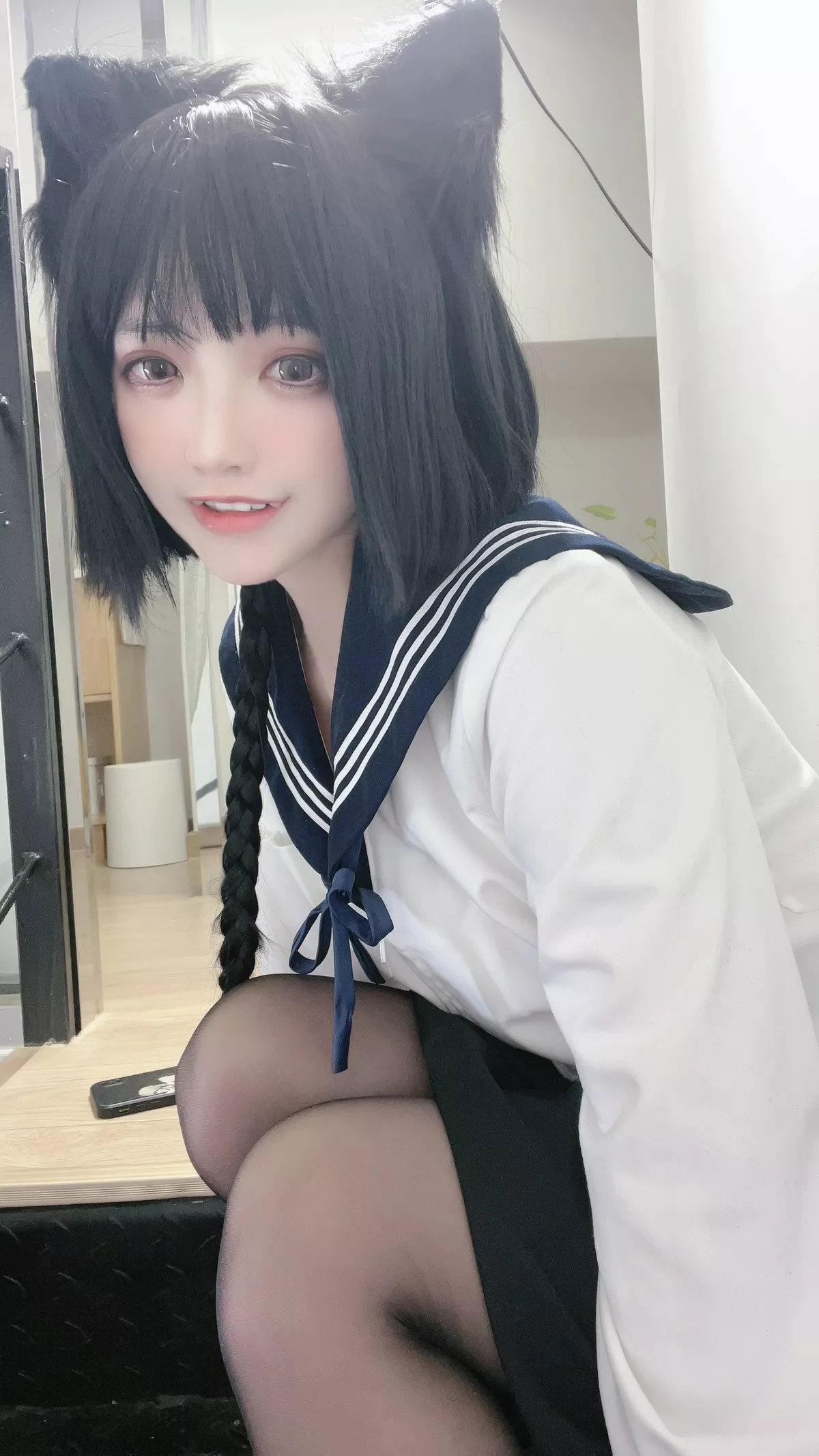 网络美女疯猫ss制服少女主题私房性感学生制服下超薄黑丝裤袜秀美腿诱惑写真80P