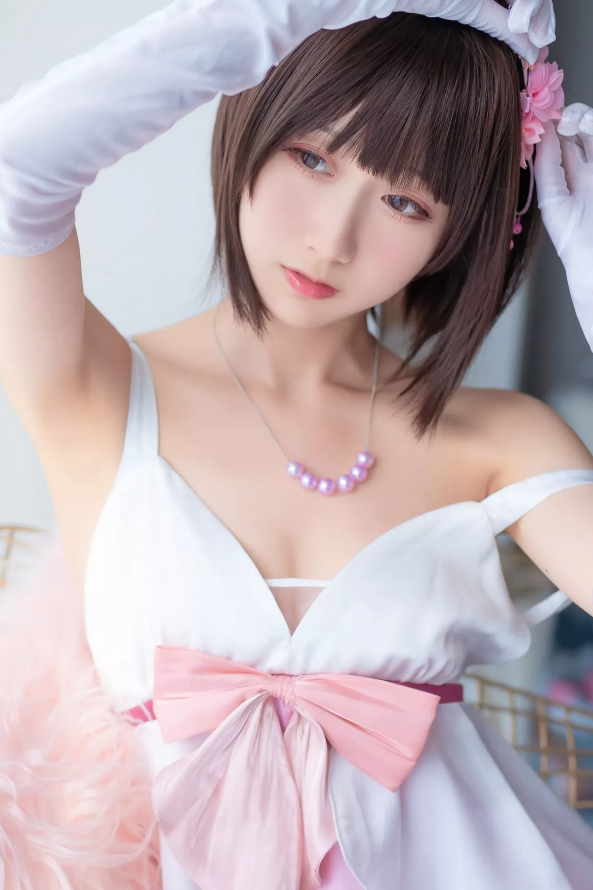 萌系小姐姐木绵绵OwO加藤惠cos礼服主题私房性感礼服配白色蕾丝袜诱惑写真39P