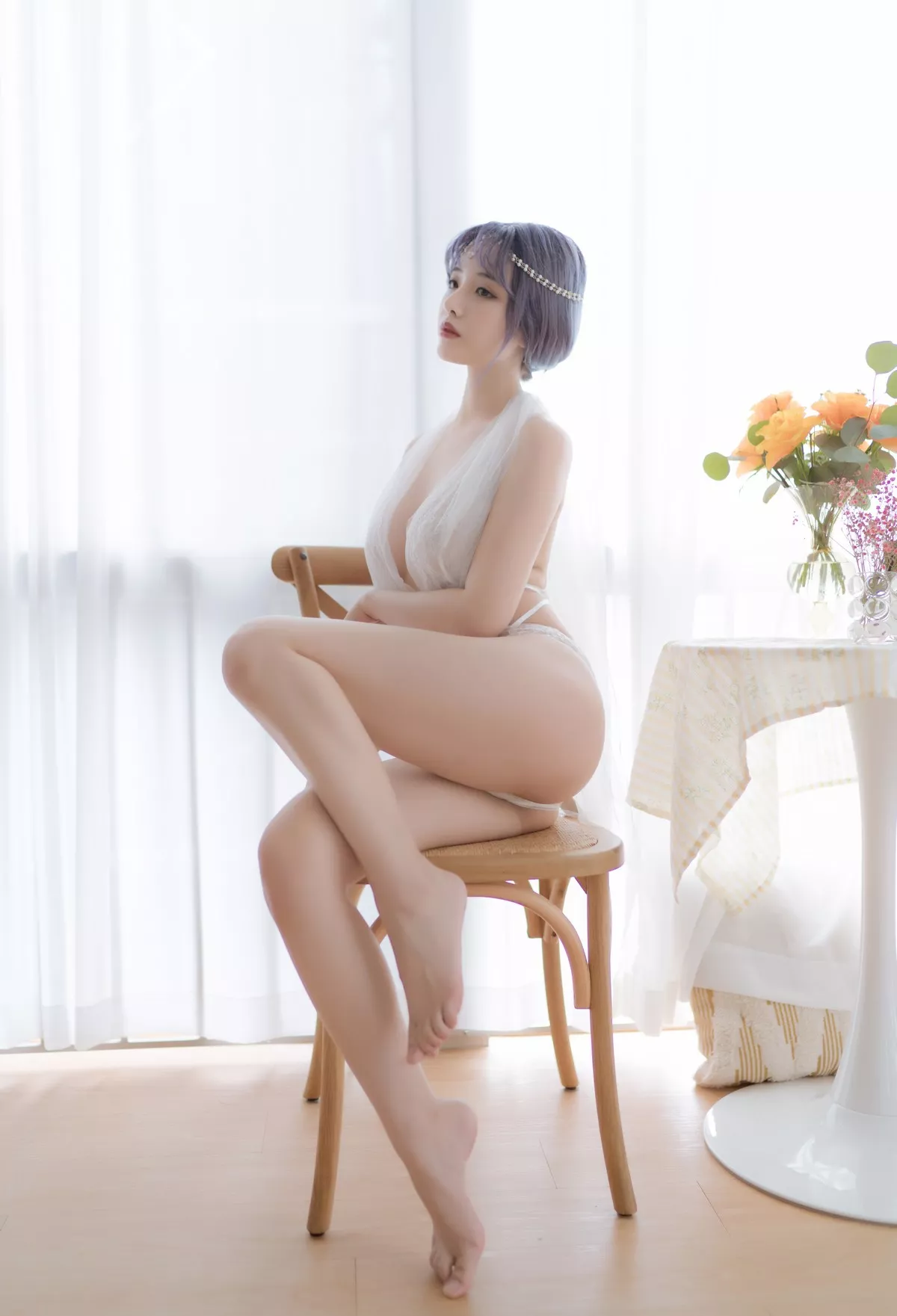 动漫博主雯妹不讲道理白色希腊主题私房性感白色缕空蕾丝内衣惹火诱惑写真36P