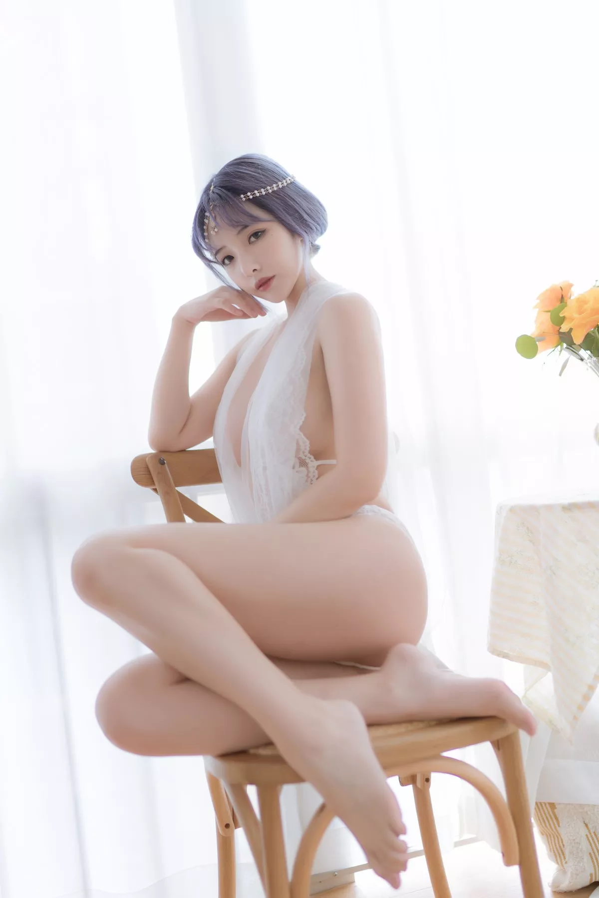 动漫博主雯妹不讲道理白色希腊主题私房性感白色缕空蕾丝内衣惹火诱惑写真36P