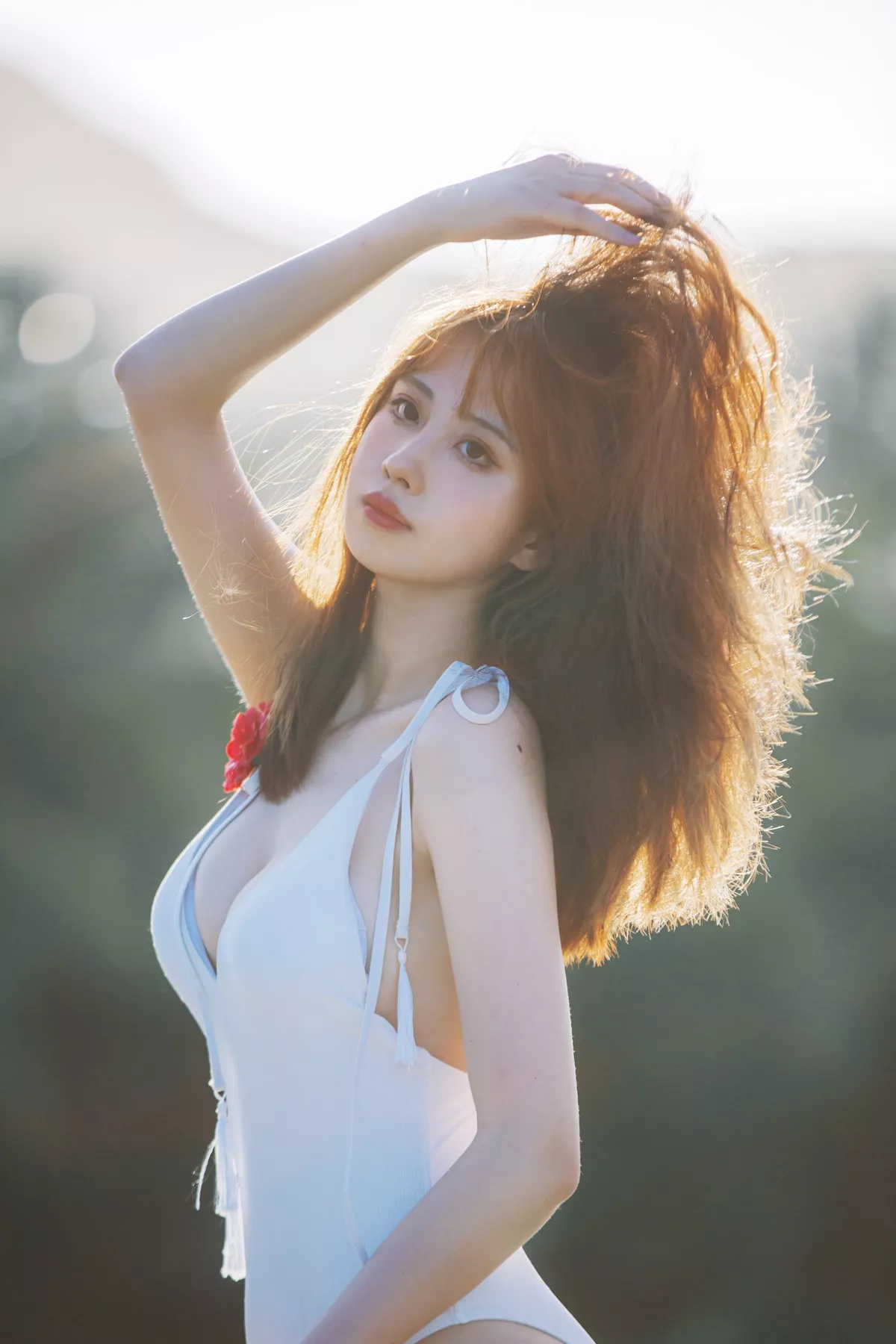 次元少女念雪ww日暮温柔主题户外海边性感白色连体比基尼秀完美身材诱惑写真39P