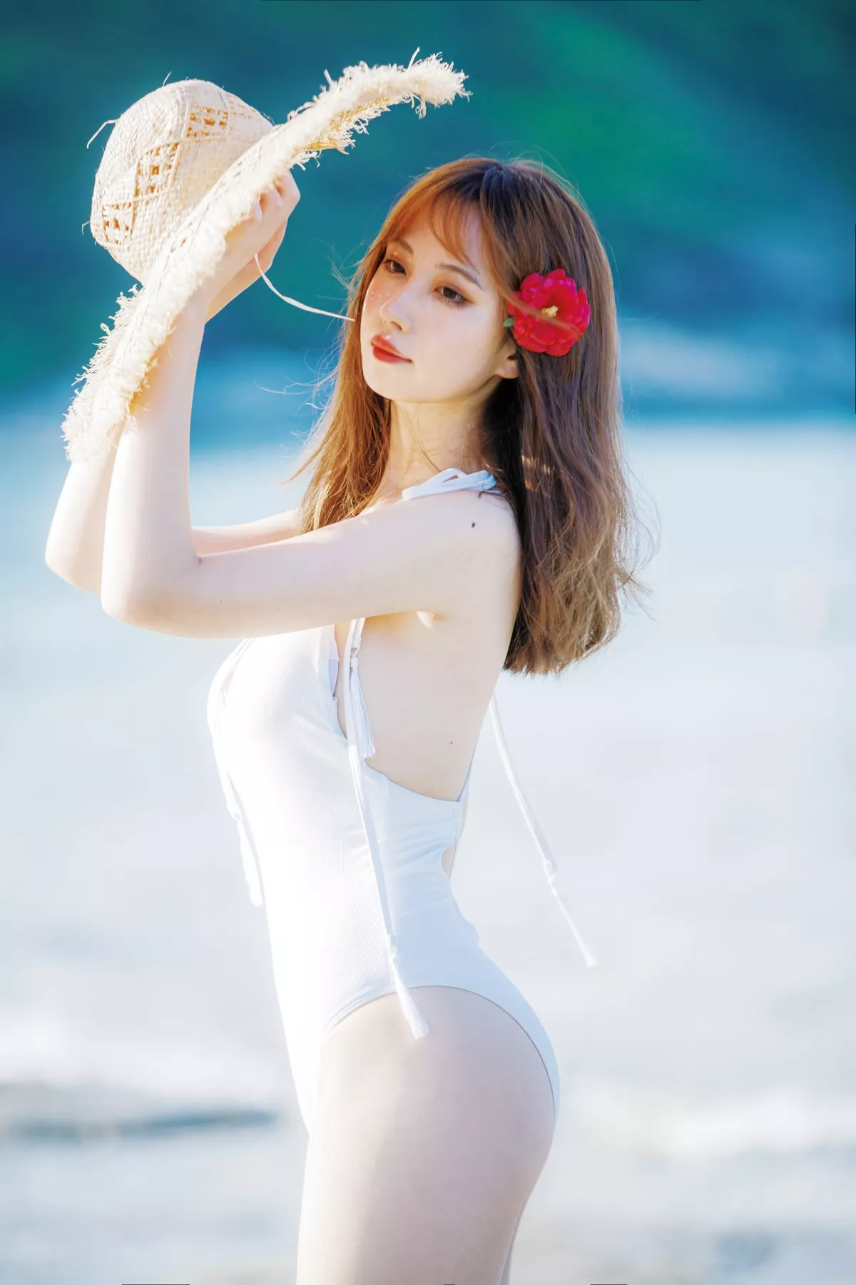次元少女念雪ww日暮温柔主题户外海边性感白色连体比基尼秀完美身材诱惑写真39P