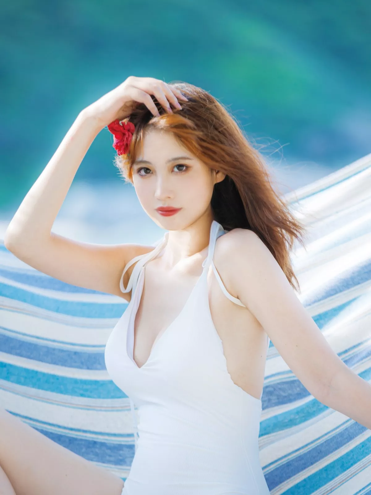 次元少女念雪ww日暮温柔主题户外海边性感白色连体比基尼秀完美身材诱惑写真39P