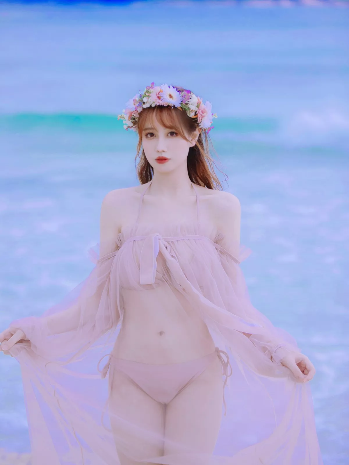 次元少女念雪ww白桃汽水主题户外沙滩性感粉色比基尼秀完美身材迷人诱惑写真42P