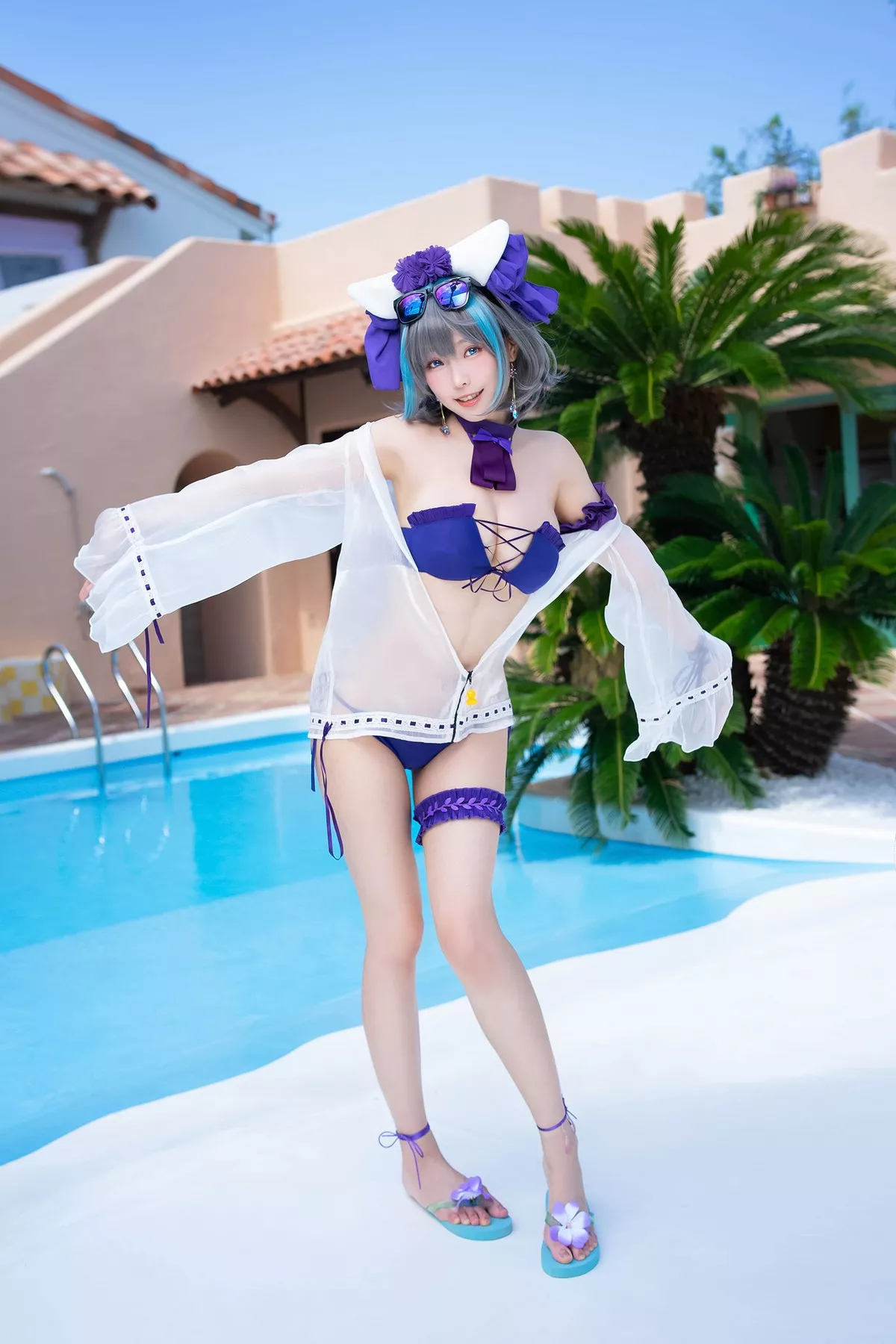 Coser妹子Ely_eee-Cheshire柴郡主题私房性感礼裙配白丝吊袜秀美腿诱惑写真70P