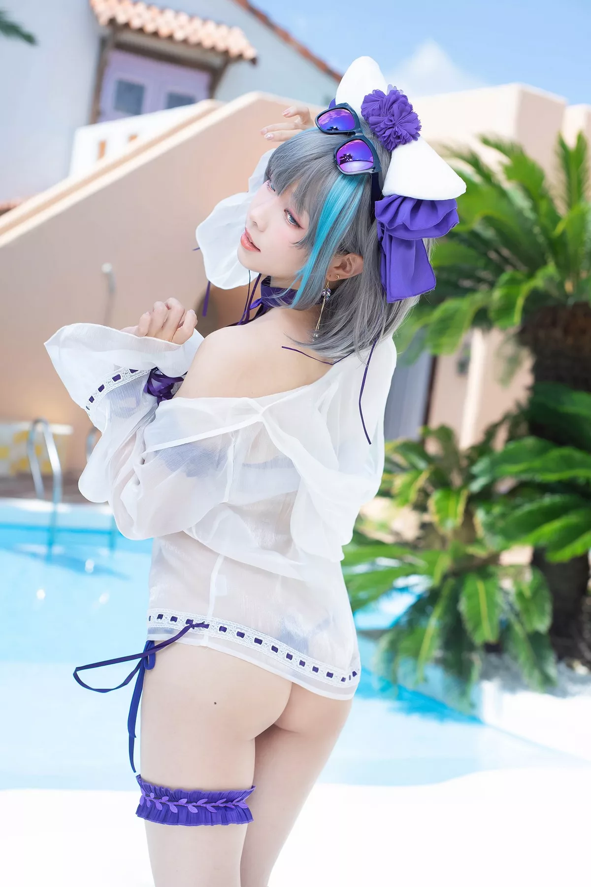 Coser妹子Ely_eee-Cheshire柴郡主题私房性感礼裙配白丝吊袜秀美腿诱惑写真70P