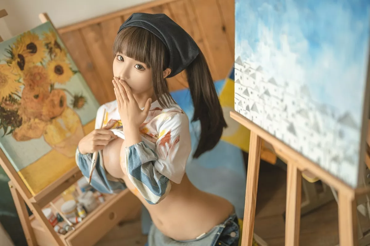 动漫博主蠢沫沫画室主题性感白T配背带牛仔裤半脱露傲人豪乳遮点诱惑写真110P