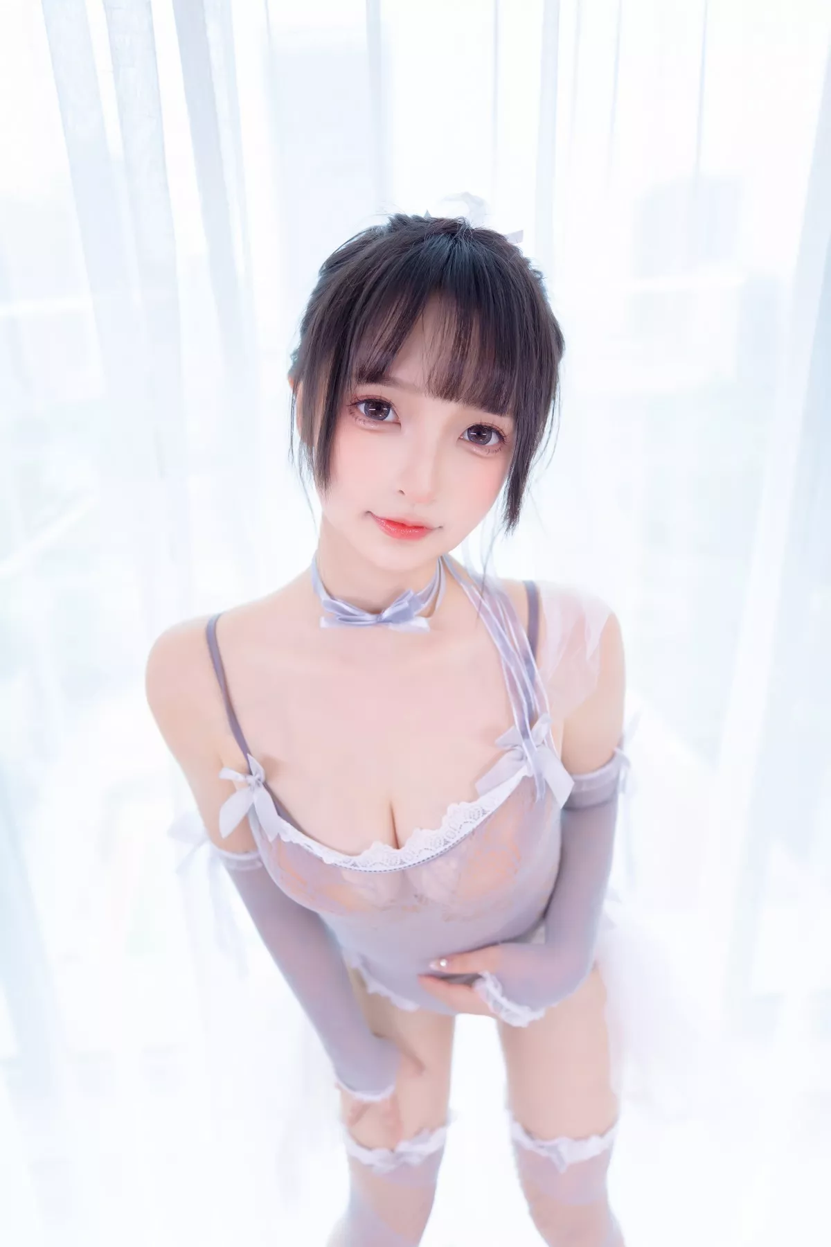 萝莉美女神楽板真冬意乱情迷主题性感灰色薄透连体内衣配超薄肉丝完美诱惑写真75P