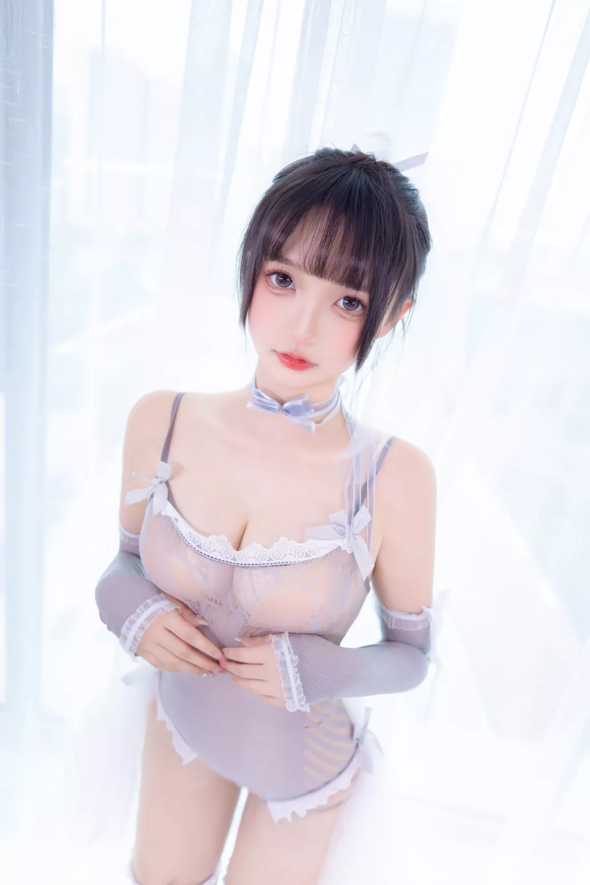 萝莉美女神楽板真冬意乱情迷主题性感灰色薄透连体内衣配超薄肉丝完美诱惑写真75P
