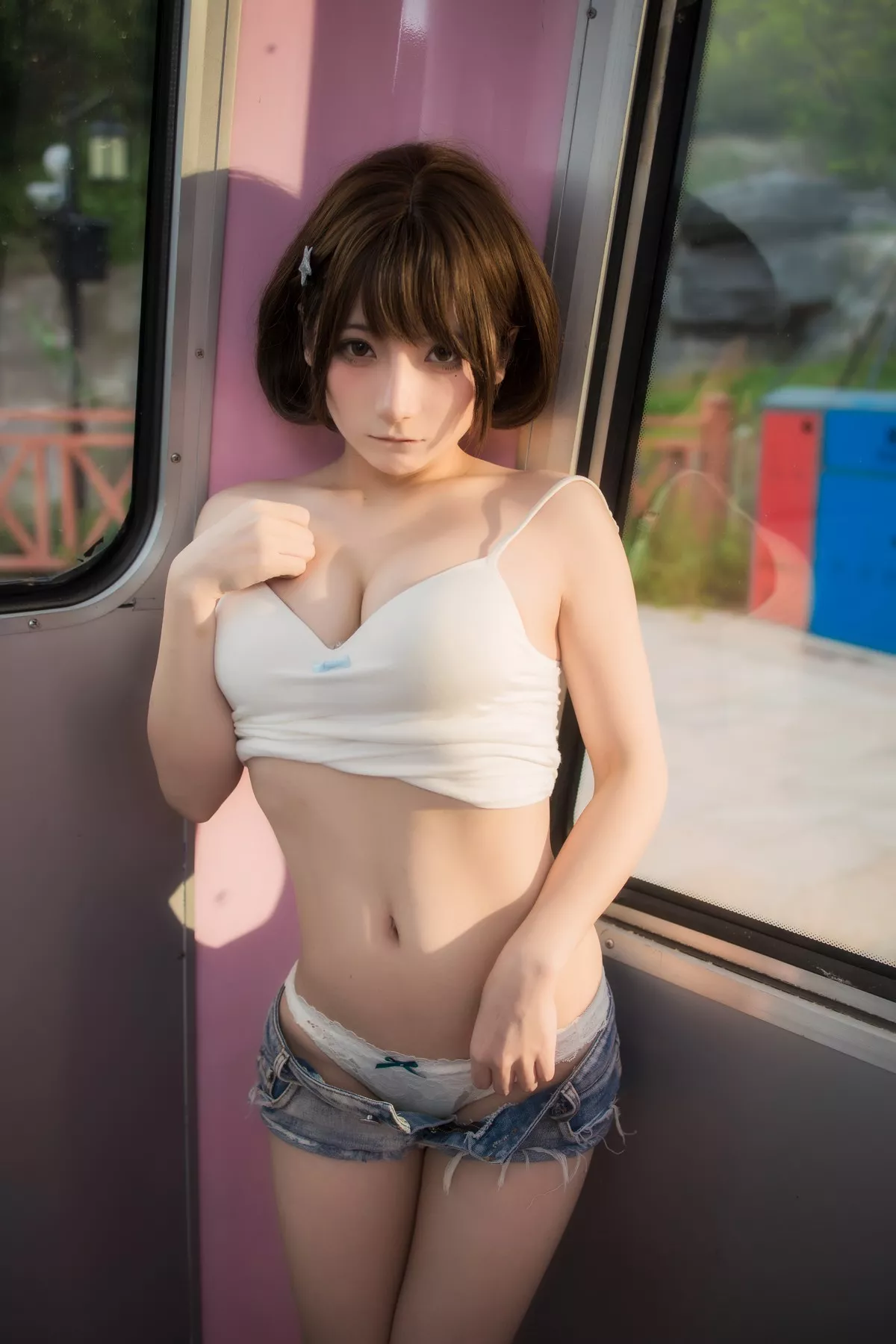 网络美女是三不是世w日常妹妹主题户外性感白色低胸吊带配蕾丝内裤诱惑写真31P