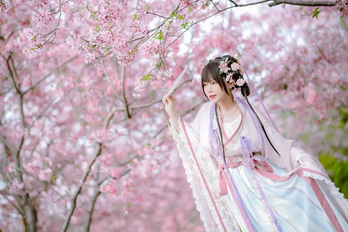 网络美女Nyako喵子花神祈愿主题户外樱花树下性感古典服饰靓丽迷人写真52P