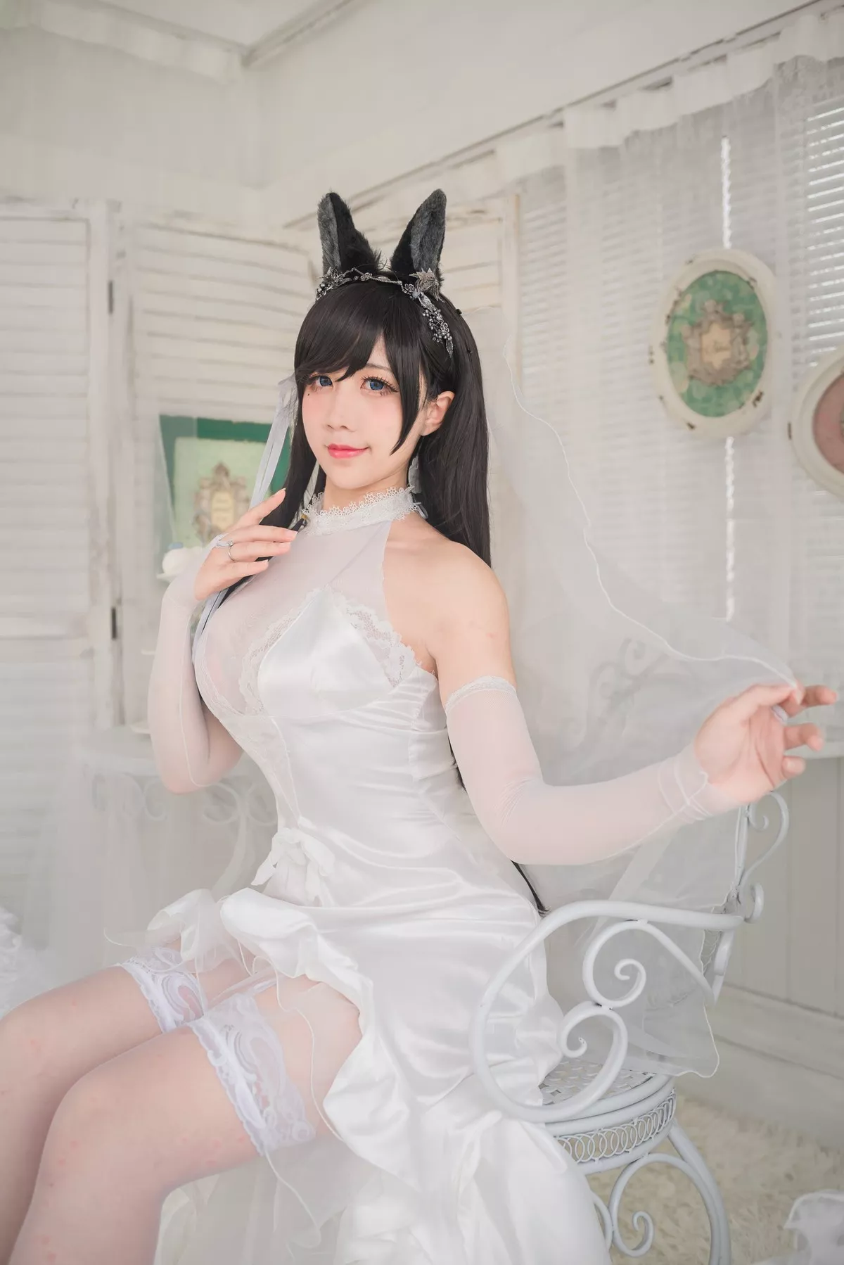 动漫博主九曲Jean爱宕婚纱主题性感白色薄透婚纱配白色蕾丝吊袜迷人诱惑写真41P