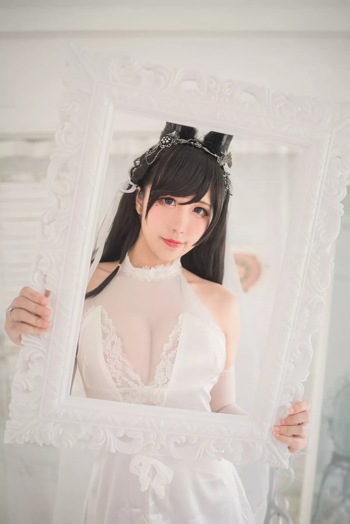 动漫博主九曲Jean爱宕婚纱主题性感白色薄透婚纱配白色蕾丝吊袜迷人诱惑写真41P