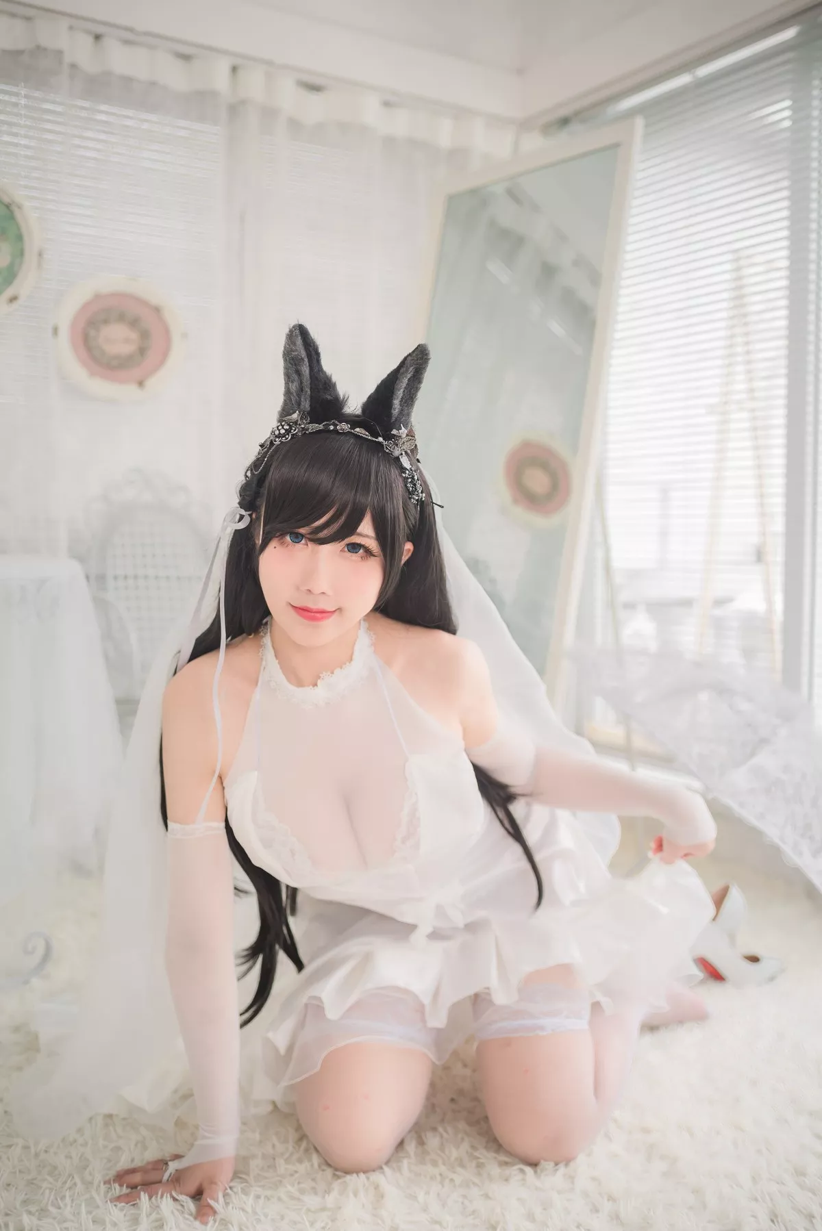 动漫博主九曲Jean爱宕婚纱主题性感白色薄透婚纱配白色蕾丝吊袜迷人诱惑写真41P