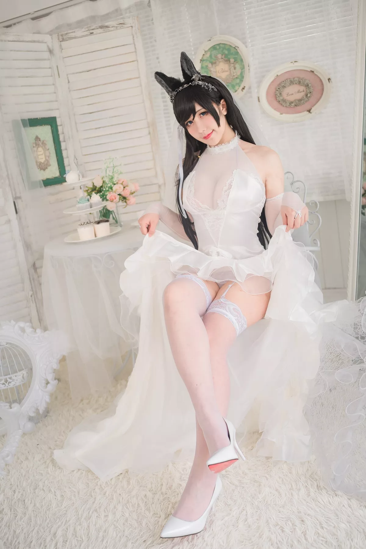 动漫博主九曲Jean爱宕婚纱主题性感白色薄透婚纱配白色蕾丝吊袜迷人诱惑写真41P