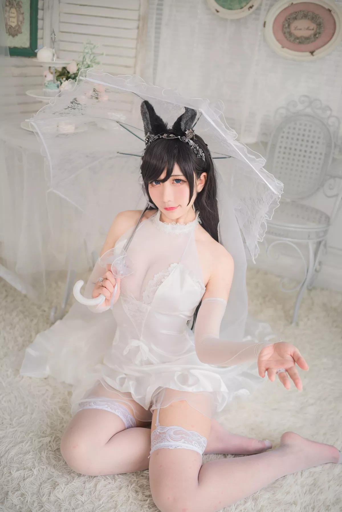 动漫博主九曲Jean爱宕婚纱主题性感白色薄透婚纱配白色蕾丝吊袜迷人诱惑写真41P
