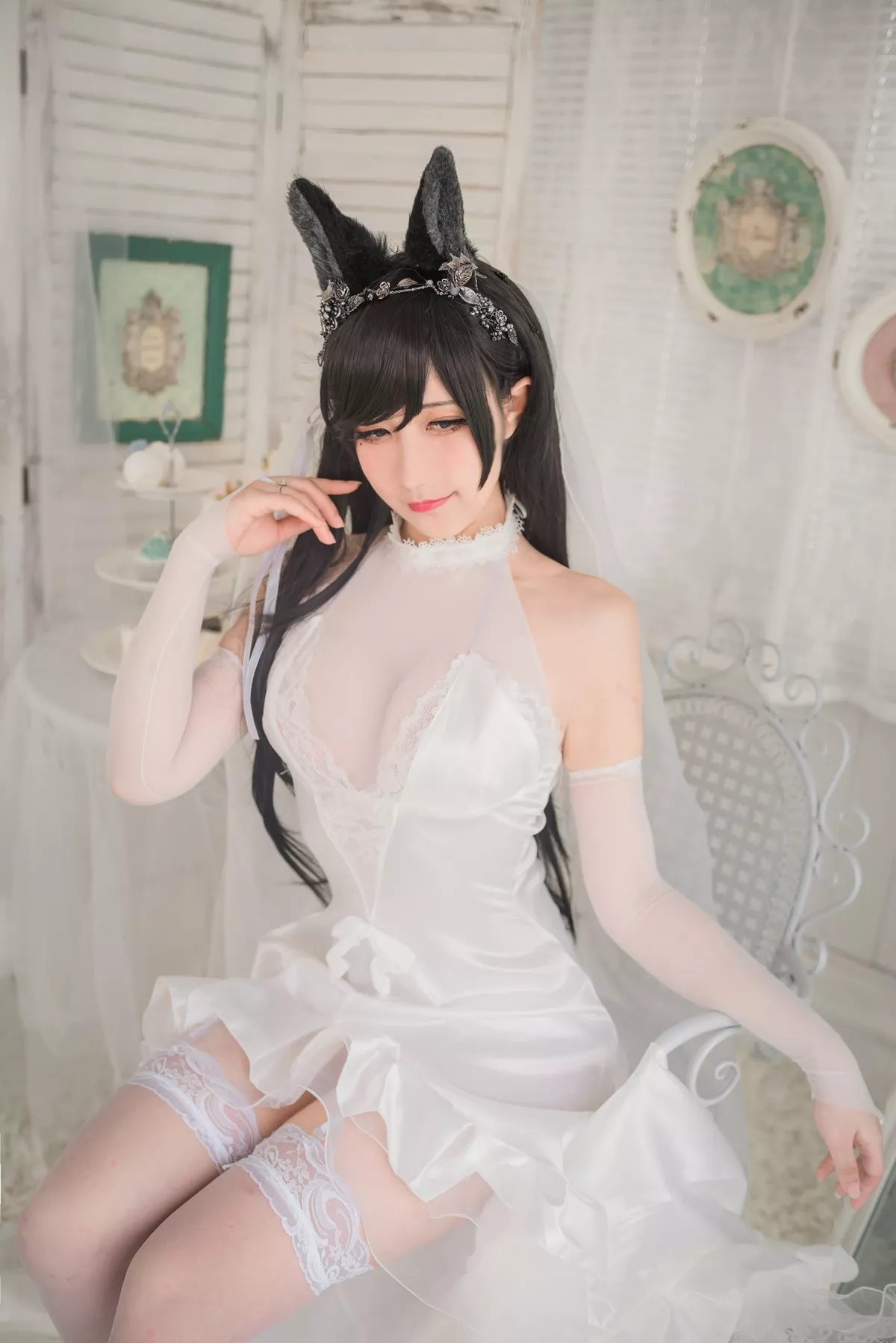 动漫博主九曲Jean爱宕婚纱主题性感白色薄透婚纱配白色蕾丝吊袜迷人诱惑写真41P