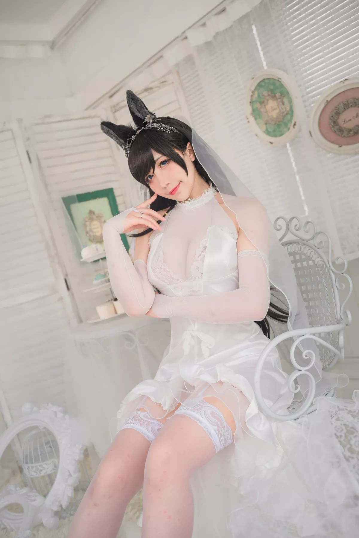 动漫博主九曲Jean爱宕婚纱主题性感白色薄透婚纱配白色蕾丝吊袜迷人诱惑写真41P