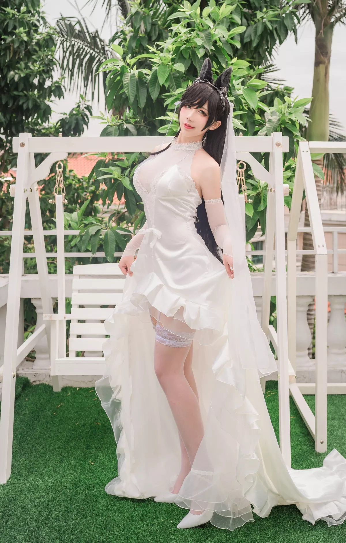 动漫博主九曲Jean爱宕婚纱主题性感白色薄透婚纱配白色蕾丝吊袜迷人诱惑写真41P