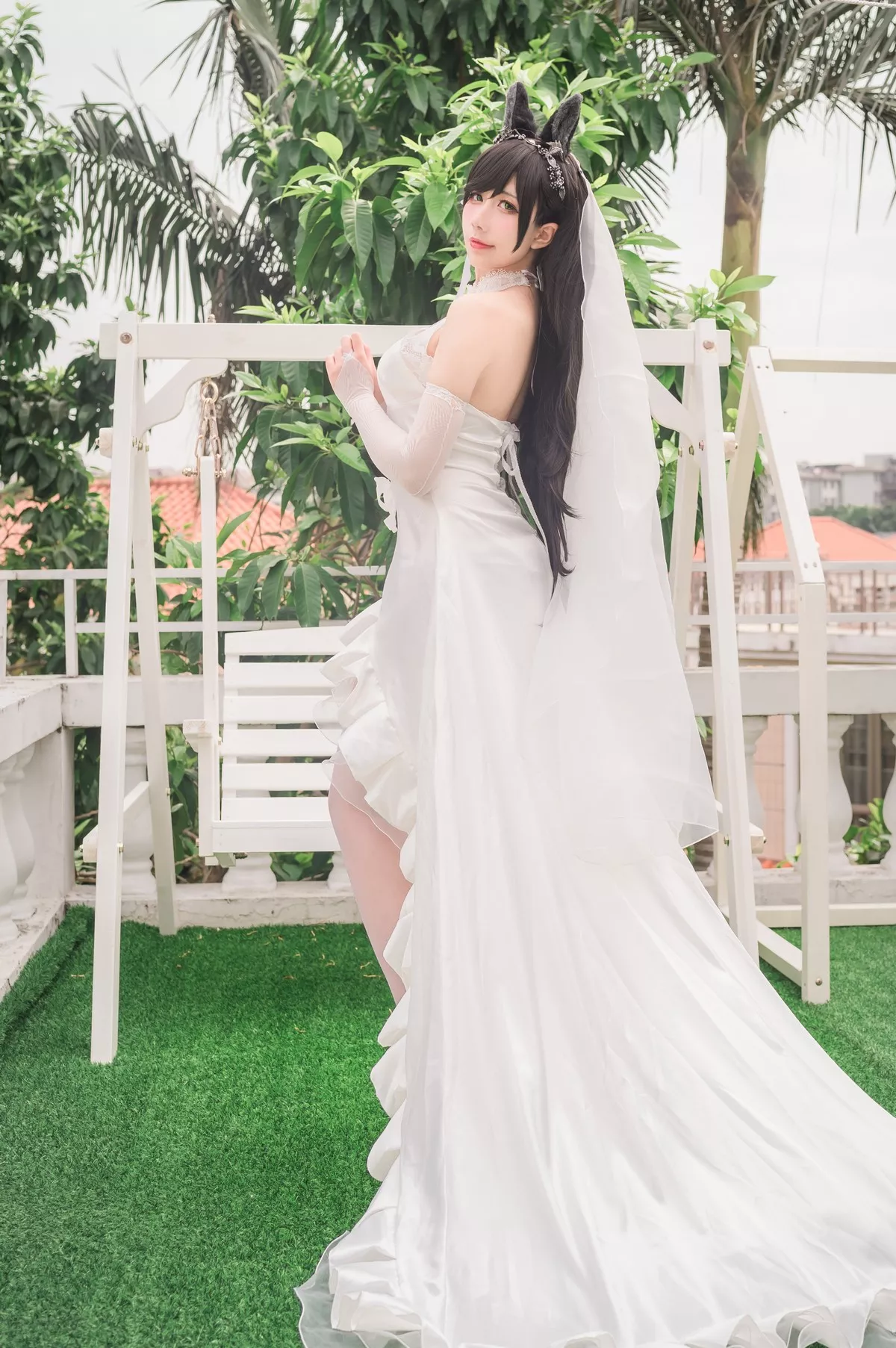 动漫博主九曲Jean爱宕婚纱主题性感白色薄透婚纱配白色蕾丝吊袜迷人诱惑写真41P