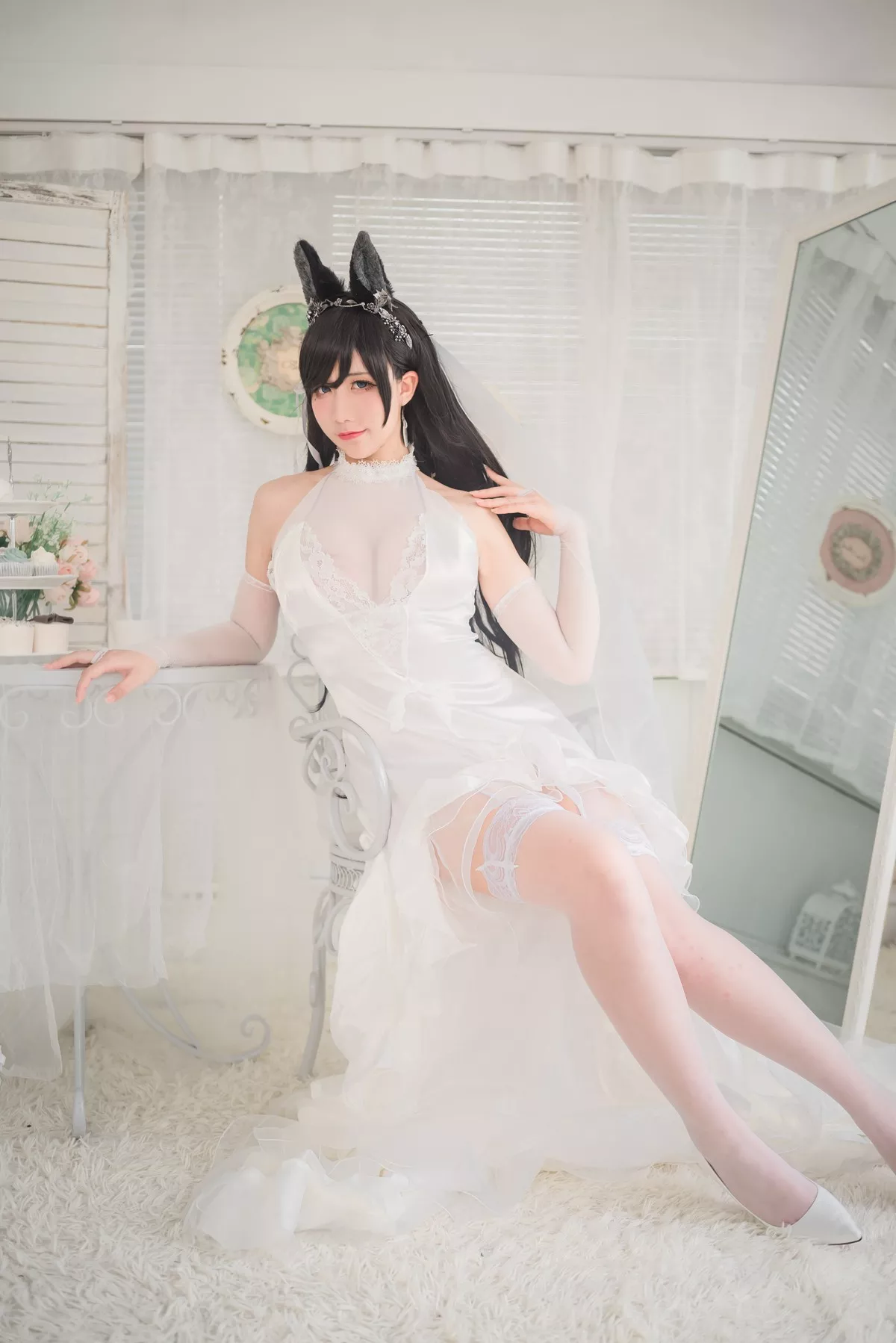 动漫博主九曲Jean爱宕婚纱主题性感白色薄透婚纱配白色蕾丝吊袜迷人诱惑写真41P
