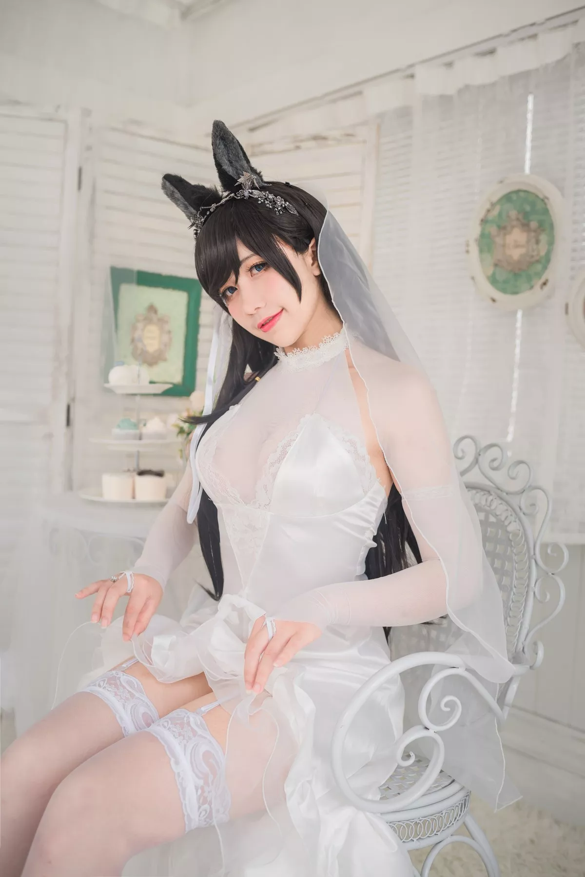 动漫博主九曲Jean爱宕婚纱主题性感白色薄透婚纱配白色蕾丝吊袜迷人诱惑写真41P